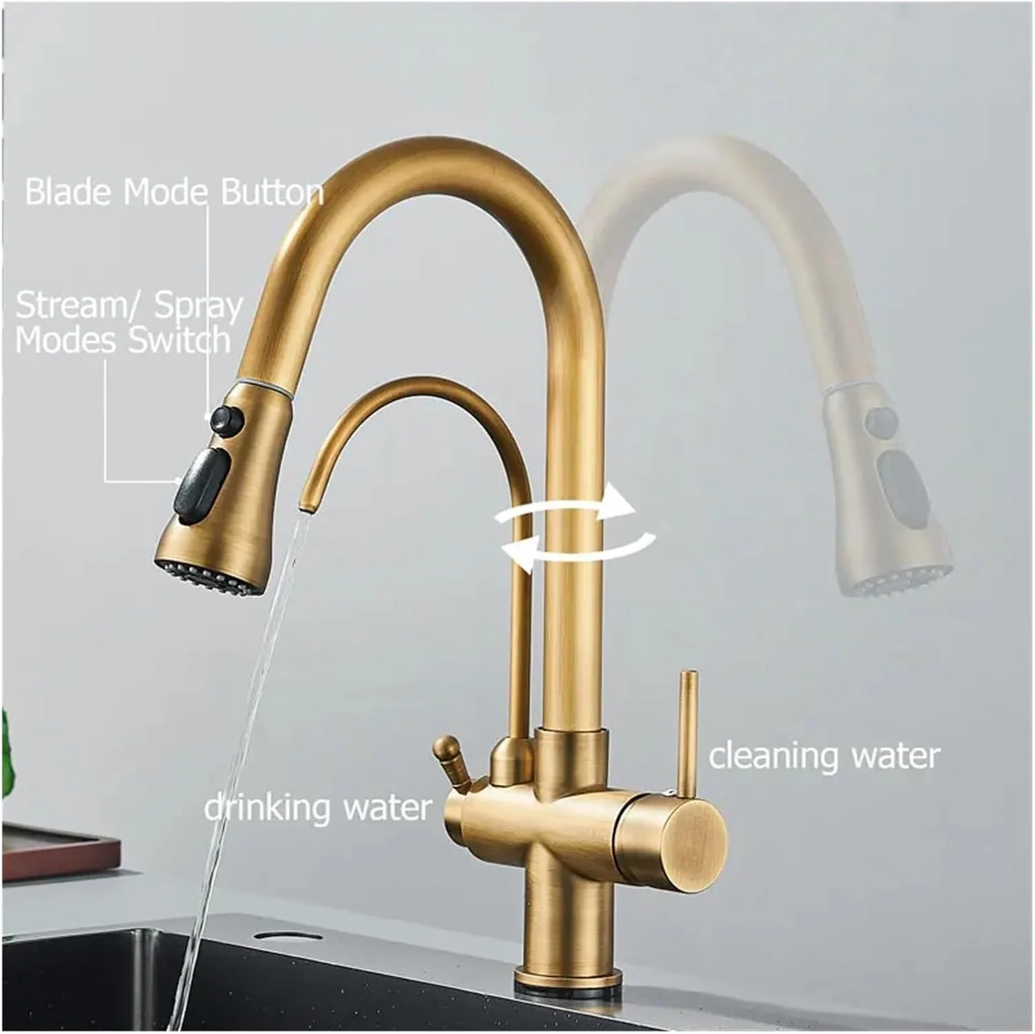 شیر آشپزخانه لمسی با فیلتر آب، شیر مخلوط سینک ظرفشویی چرخان و بیرون کشیدنی (مشکی و طلایی)