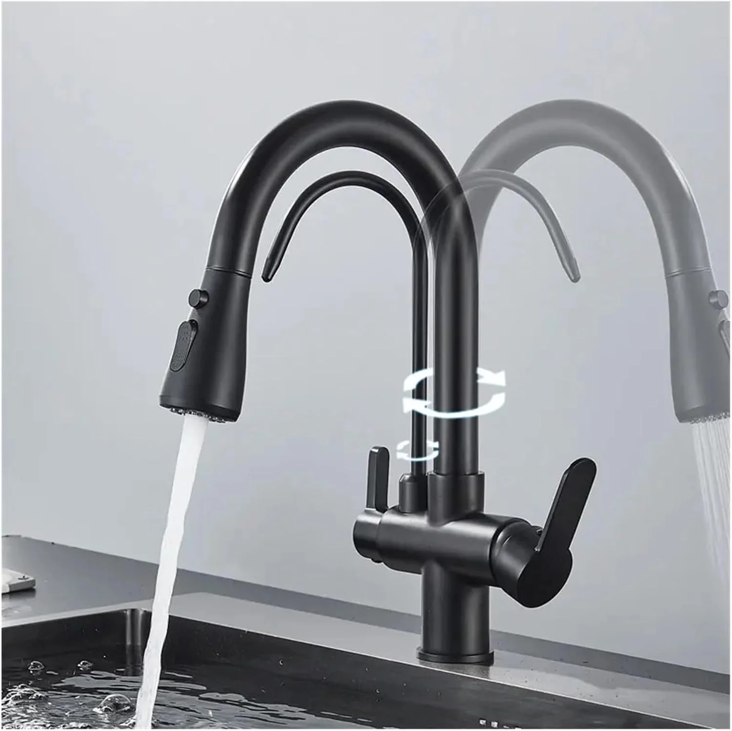 شیر آشپزخانه لمسی با فیلتر آب، شیر آب مخلوط کن سینک ظرفشویی، شیر آب تصفیه شده چرخشی با اسپری بیرون کشیدنی برای آشپزخانه (طلایی)