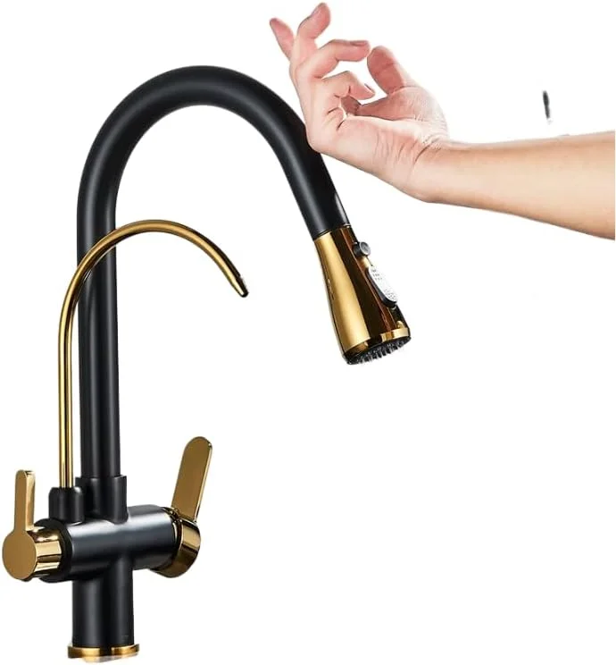 شیر آشپزخانه، شیر آب آشپزخانه با حسگر لمسی، شیر آب مخلوط کن برنجی با قابلیت چرخش و خروجی آب تصفیه شده، طلایی مشکی