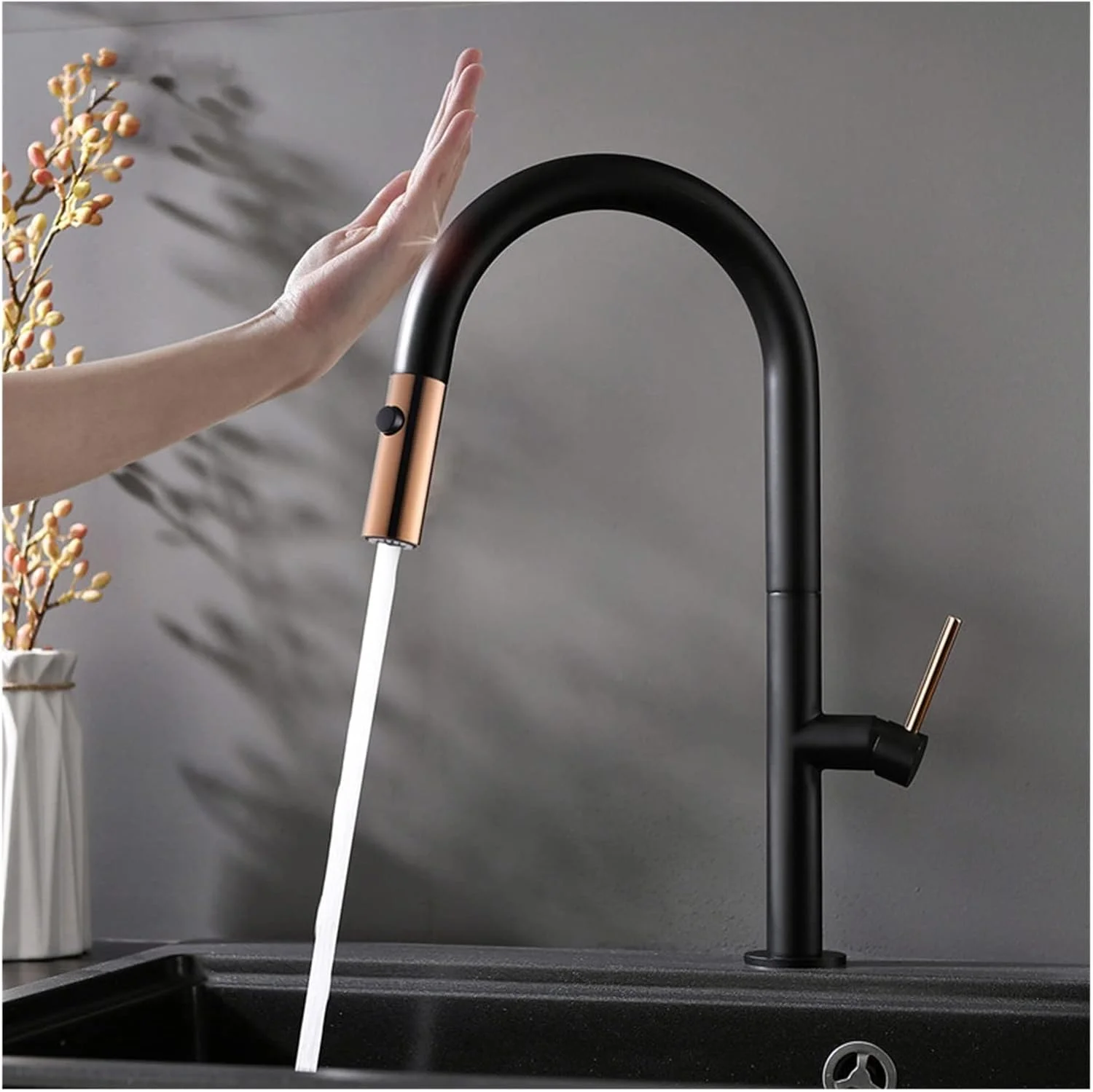 شیر آشپزخانه هوشمند با حسگر لمسی و اسپری کشویی، شیر مخلوط آب گرم و سرد، شیر سینک ظرفشویی راحت، مشکی-A