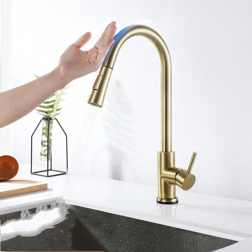 شیرآلات آشپزخانه اهرمی با قابلیت لمسی هوشمند، شیر آب سینک با چرخش 360 درجه و کنترل لمسی، نیکل برس خورده (طلایی برس خورده)