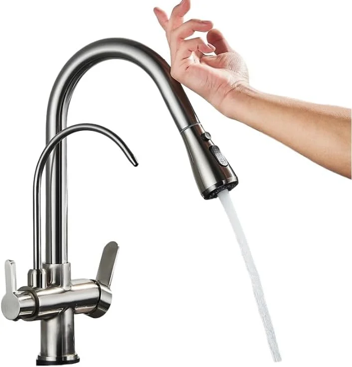 شیر آشپزخانه، شیر آب آشپزخانه با حسگر لمسی، شیر میکسر برنجی با قابلیت چرخش و خروجی آب تصفیه شده، رنگ نیکل برس خورده مناسب آشپزخانه