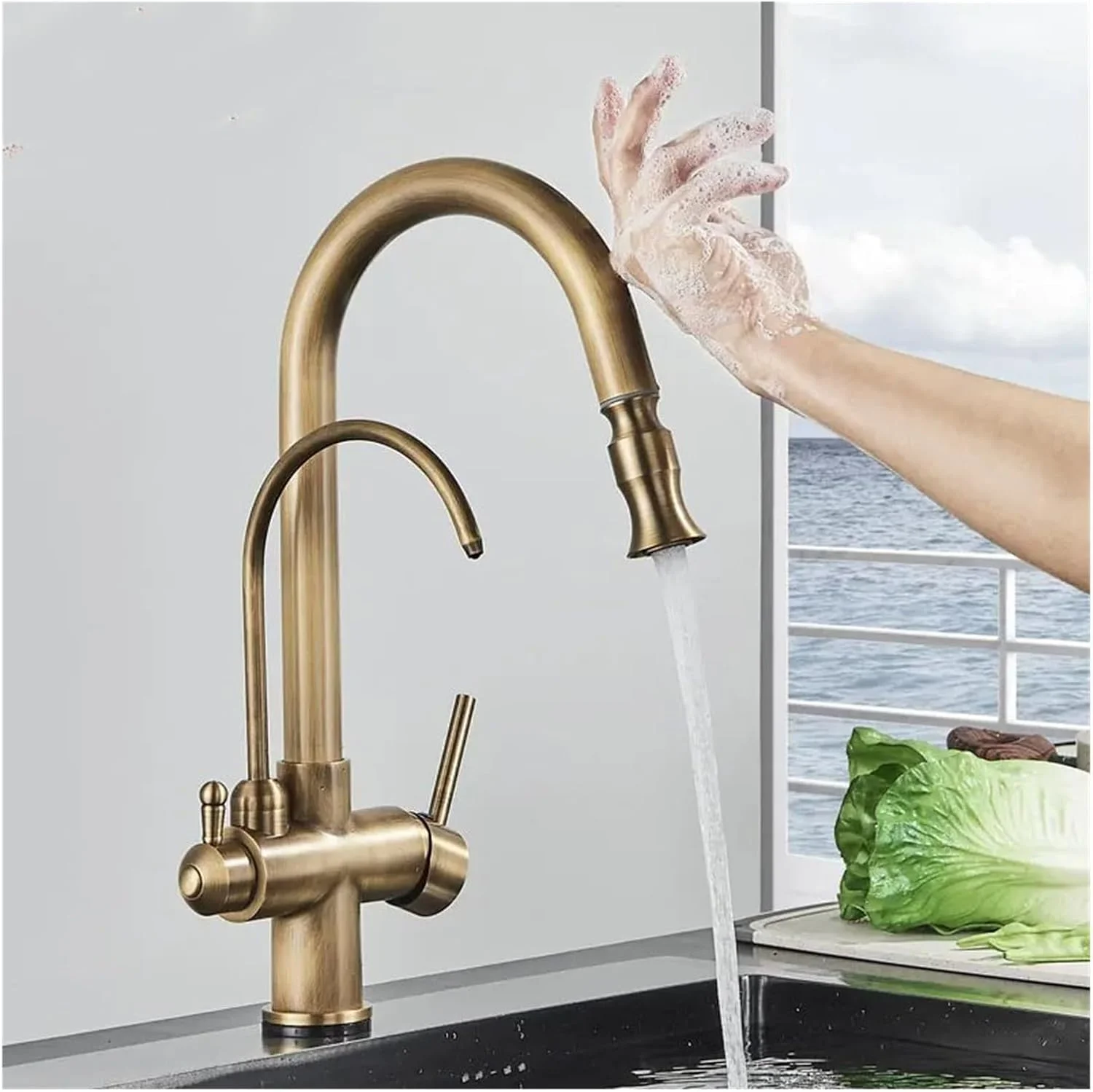 شیرآلات آشپزخانه حسگر برنجی عتیقه، شیر مخلوط سینک فیلتر آب سرد و گرم، شیر اهرمی بیرون کشیدنی با کنترل لمسی هوشمند، شیر سینک آشپزخانه، WJ5501، تک رنگ-B