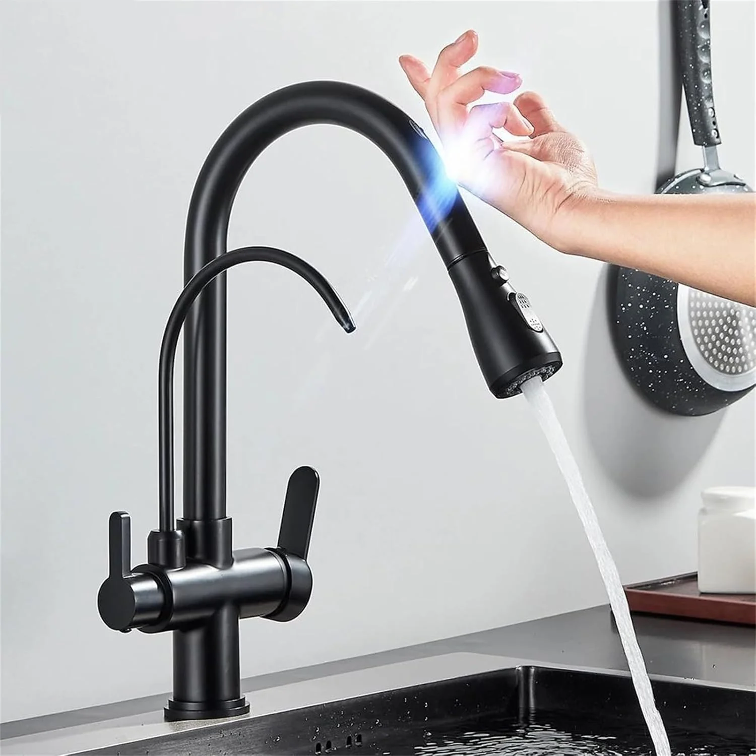 شیر آشپزخانه، شیر آشپزخانه فیلتردار لمسی 2 در 1 مشکی با دو حالت اسپری سینک، شیرآلات مخلوط کننده آب آشپزخانه نیکل برس خورده