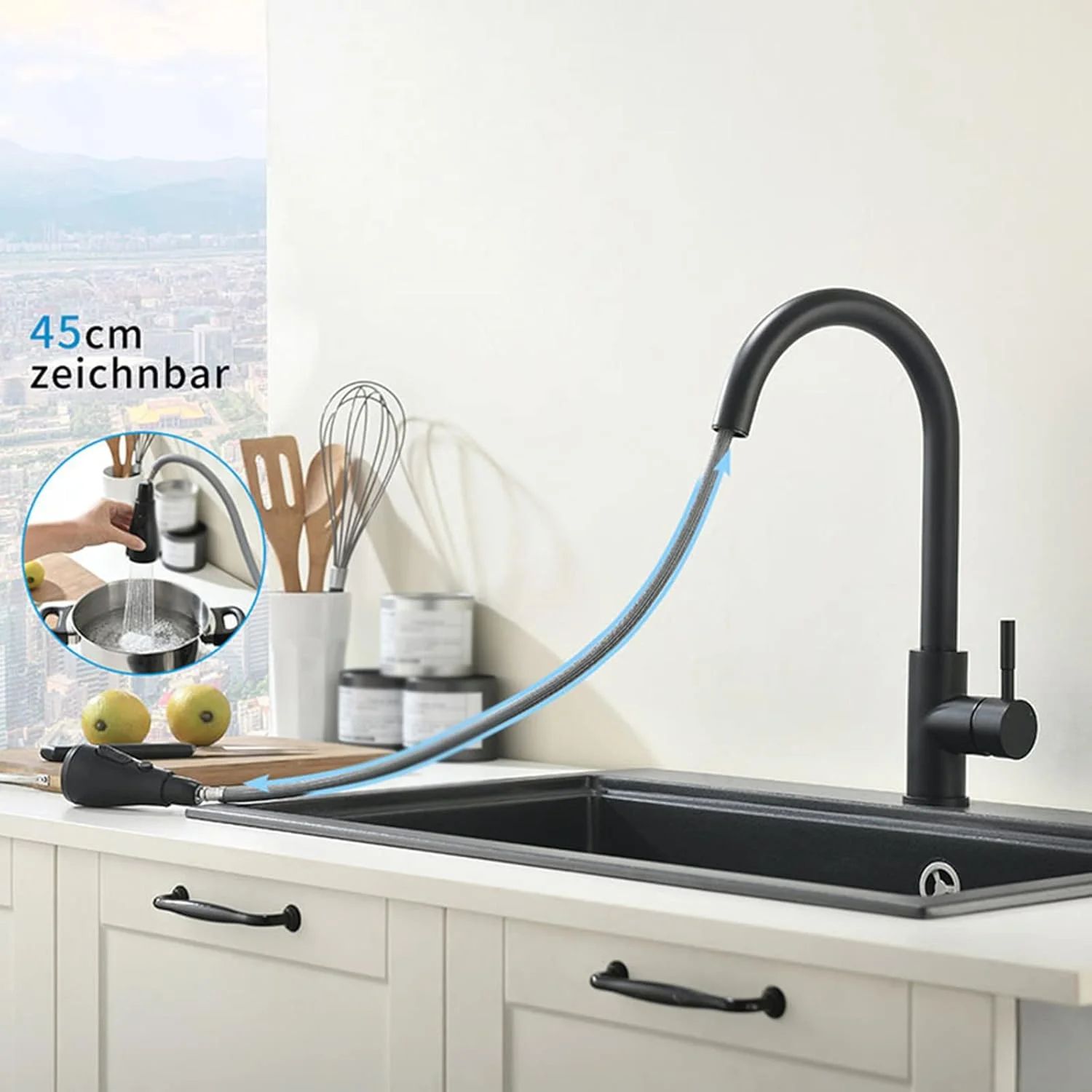 شیر آشپزخانه اهرمی با حسگر لمسی و علم متحرک، شیرآلات آشپزخانه استیل چرخان آب سرد و گرم چند منظوره - مشکی