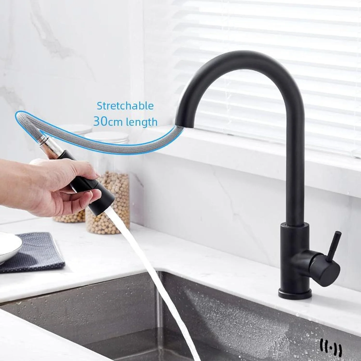 شیرآلات سینک آشپزخانه، شیر آشپزخانه مشکی لمسی هوشمند، شیرآلات سنسور دار با قابلیت بیرون کشیدن، شیر مشکی با قابلیت چرخش 60 درجه، دارای 2 خروجی، شیر آب چرخشی لمسی، شیرآلات سینک