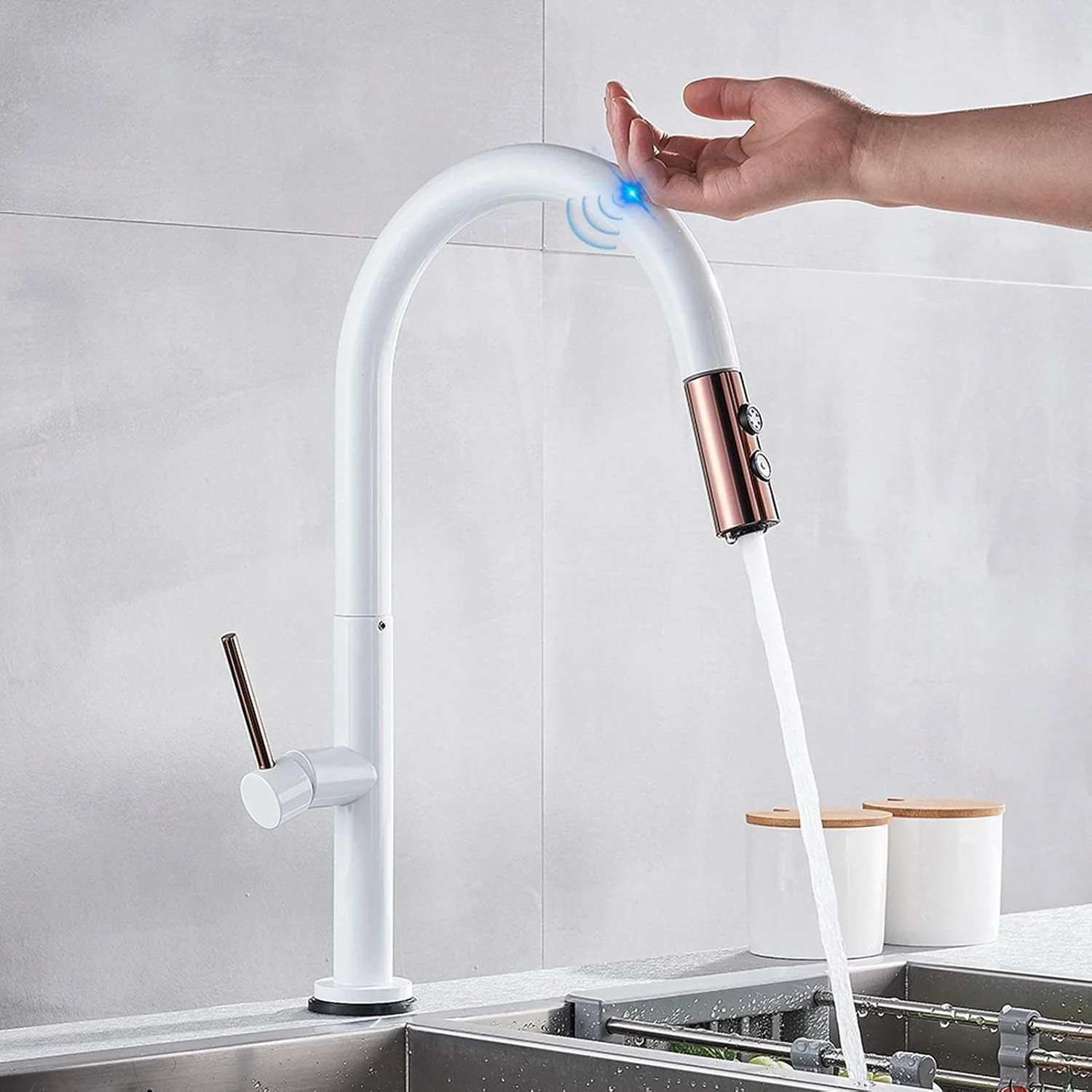 شیرآلات آشپزخانه لمسی با اسپری کشویی، شیرآلات سنسوردار برای سینک ظرفشویی، شیرآلات تک اهرمی فعال شونده با لمس، شیر مخلوط کن آشپزخانه، سفید (سفید)