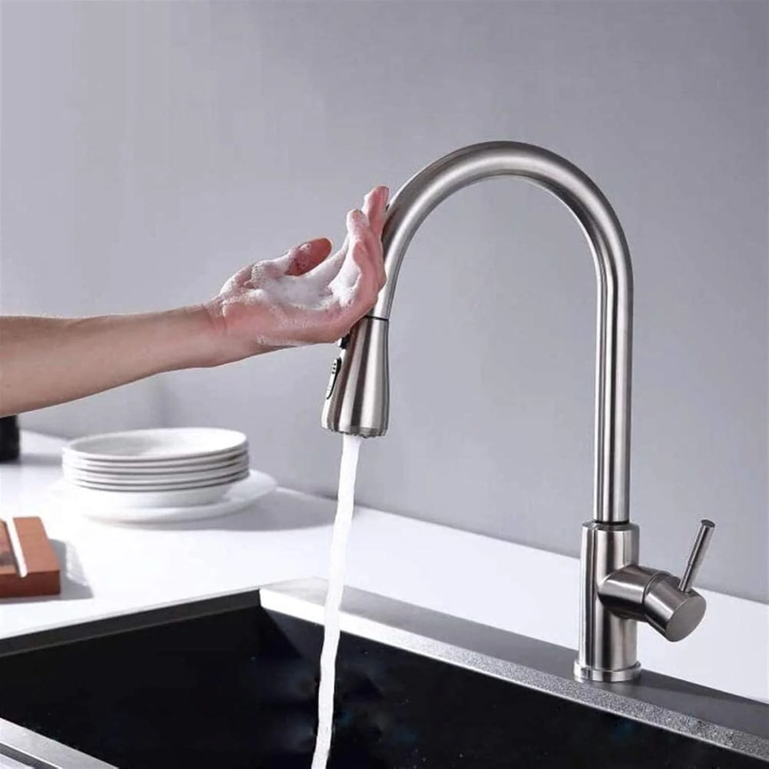 شیرآلات سینک، شیر آشپزخانه، شیر آشپزخانه بدون لمس با دوش بیرون کشویی چرخش 360 درجه، شیر سنسور اتوماتیک تک اهرمی سینک آشپزخانه - برس خورده
