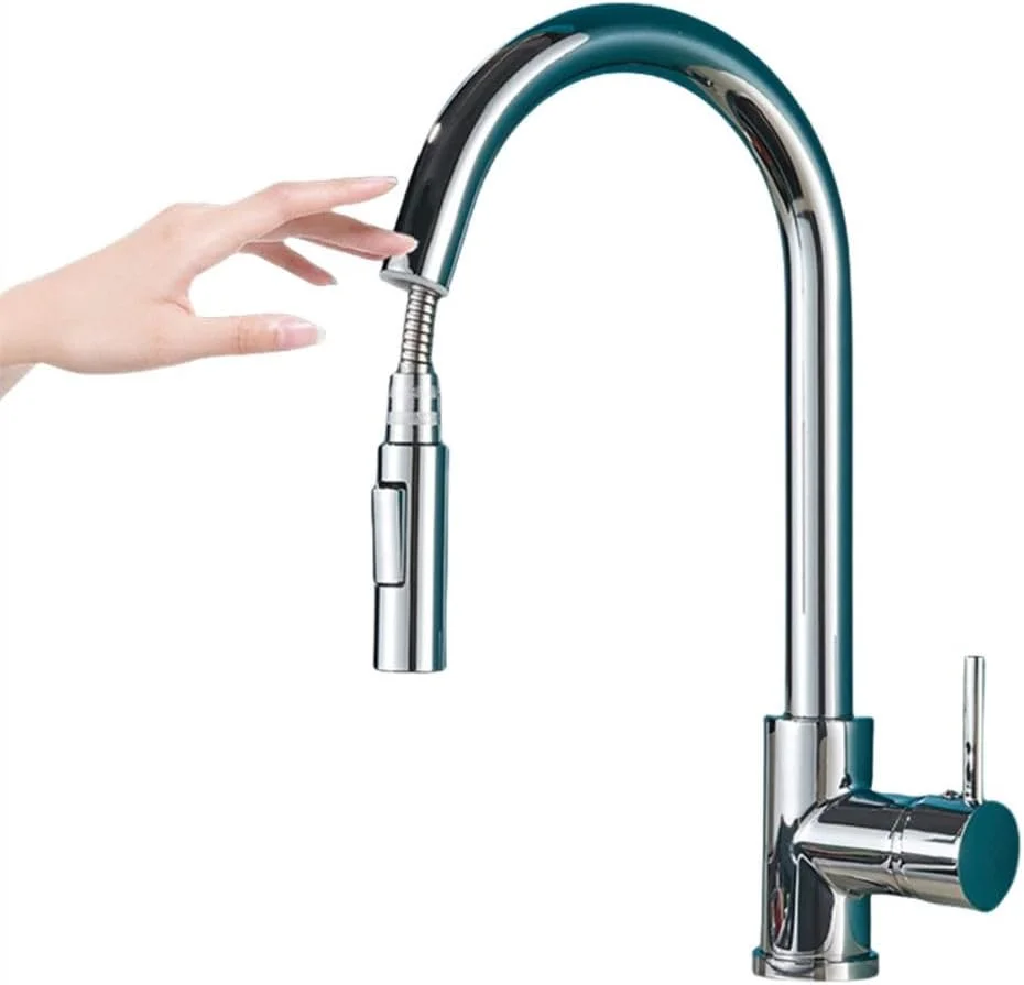 شیر آشپزخانه هوشمند لمسی طلایی برس خورده با قابلیت بیرون کشیدن، شیرآلات سنسوردار مشکی/نیکل، چرخش 360 درجه، شیر مخلوط دو خروجی آب، سنسور طلایی برس خورده، حسگر کروم