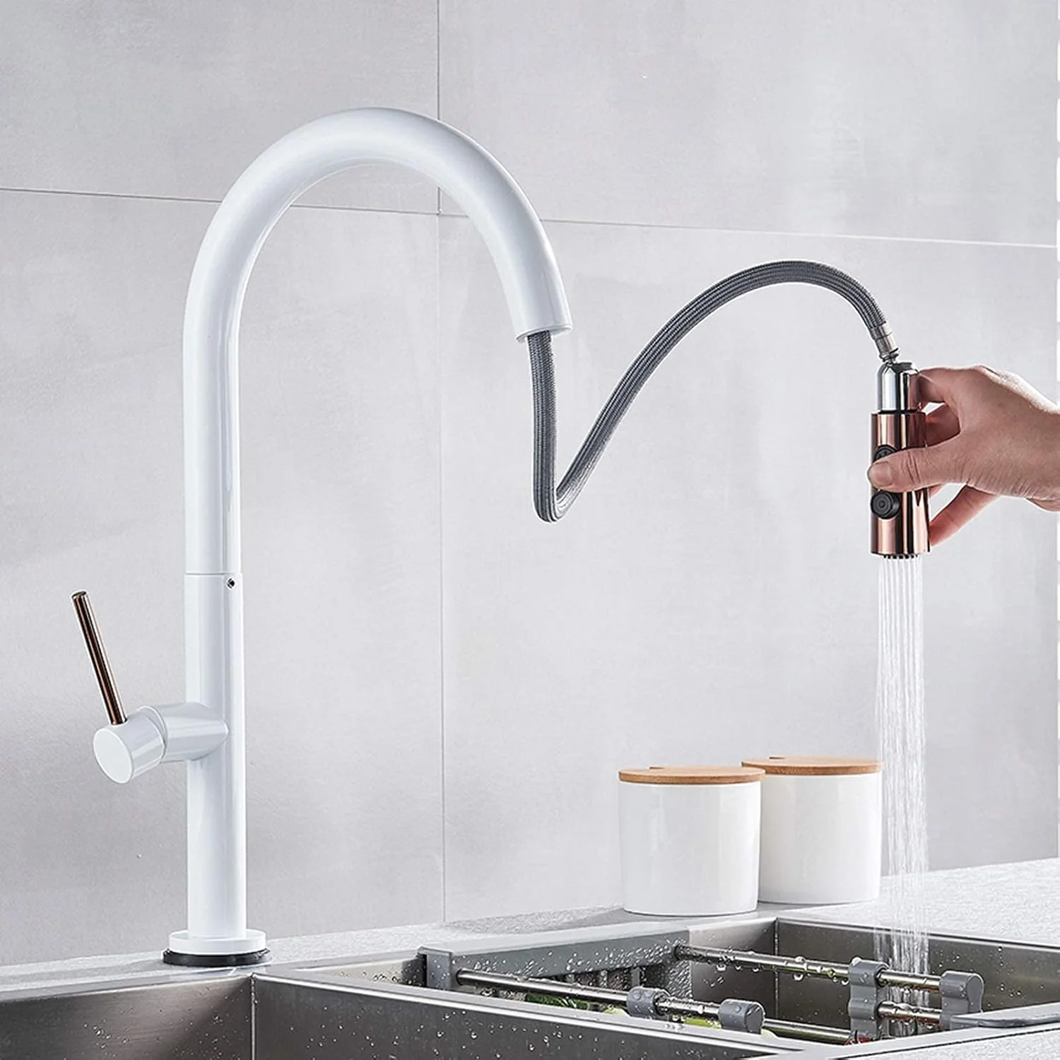 شیرآلات آشپزخانه لمسی با اسپری کشویی، شیرآلات سنسوردار برای سینک ظرفشویی، شیرآلات تک اهرمی فعال شونده با لمس، شیر مخلوط کن آشپزخانه، سفید (سفید)