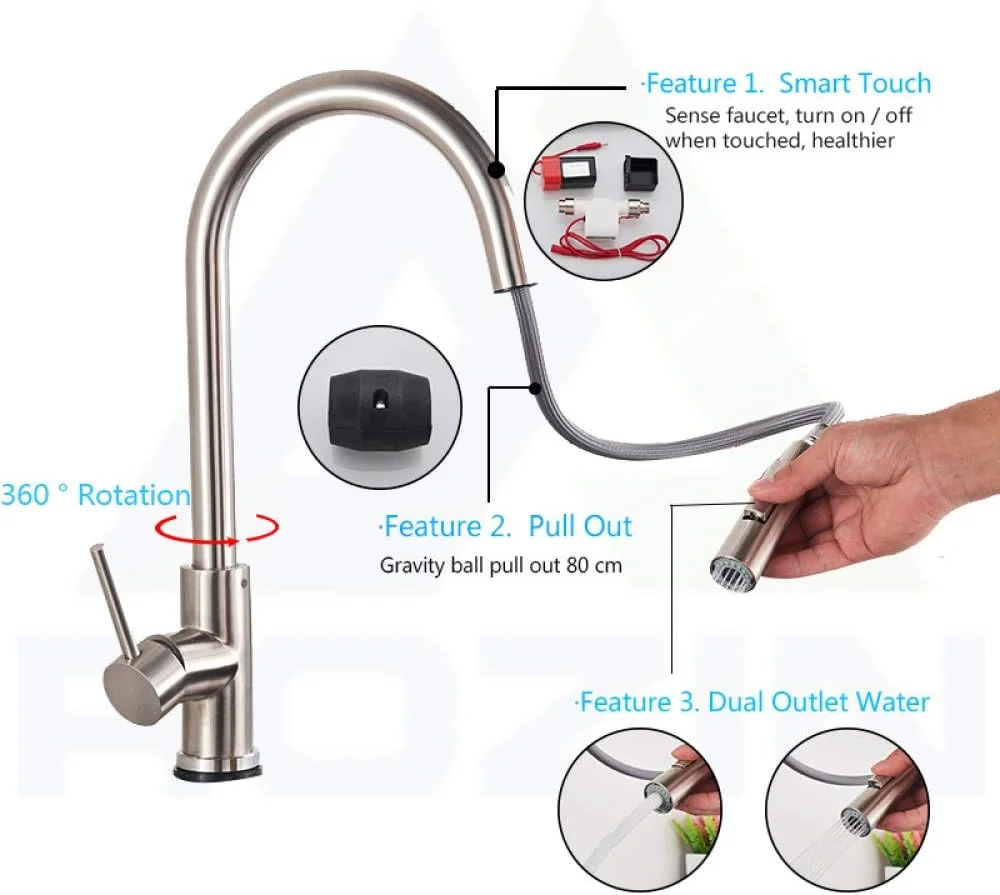 شیر آشپزخانه هوشمند لمسی طلایی برس خورده با قابلیت بیرون کشیدن، شیرآلات سنسوردار مشکی/نیکل، چرخش 360 درجه، شیر مخلوط دو خروجی آب، سنسور طلایی برس خورده، حسگر کروم