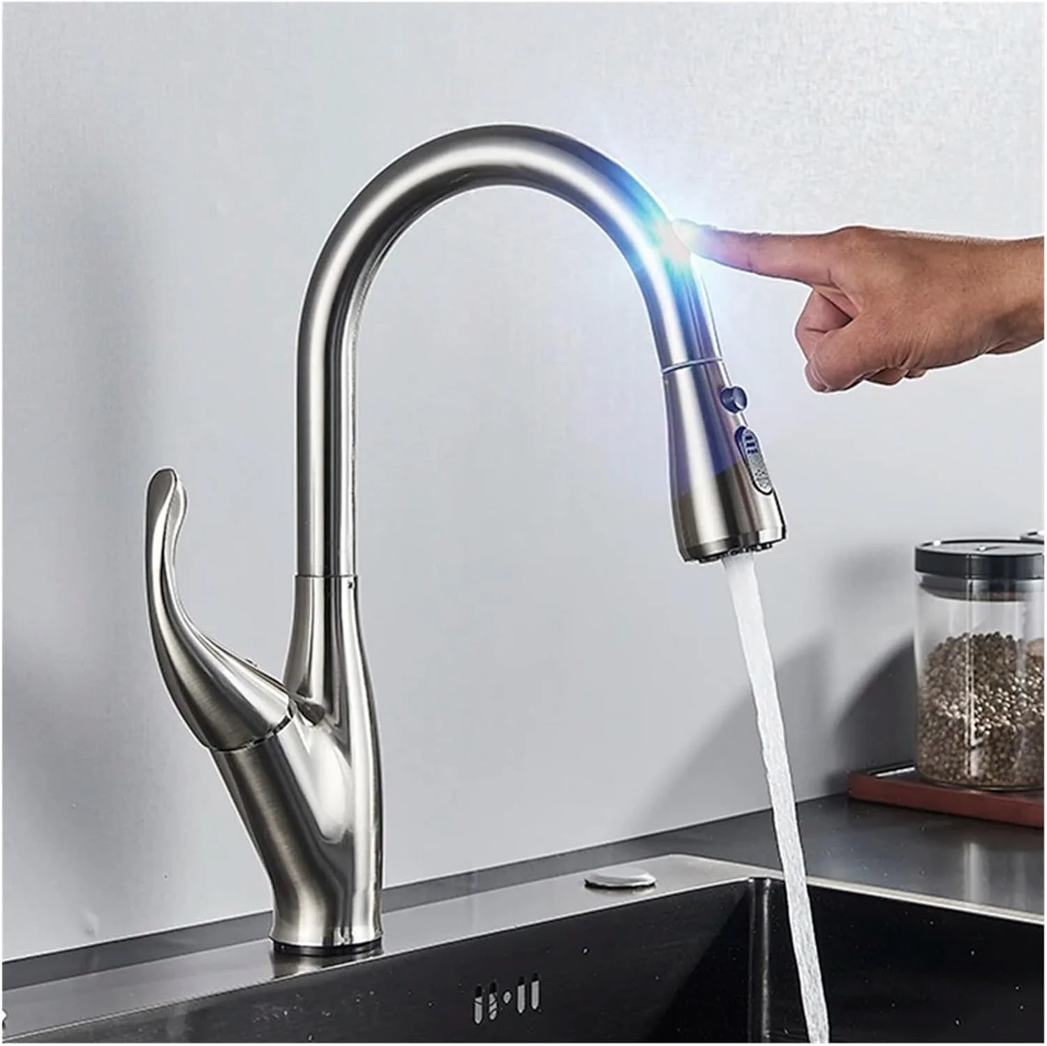 شیر آشپزخانه سنسور دار، شیر هوشمند لمسی با قابلیت بیرون کشیدن آبپاش، حالت جریان آب و اسپری، شیر مخلوط سرد و گرم، شیر سینک حمام (نیکل برس خورده)