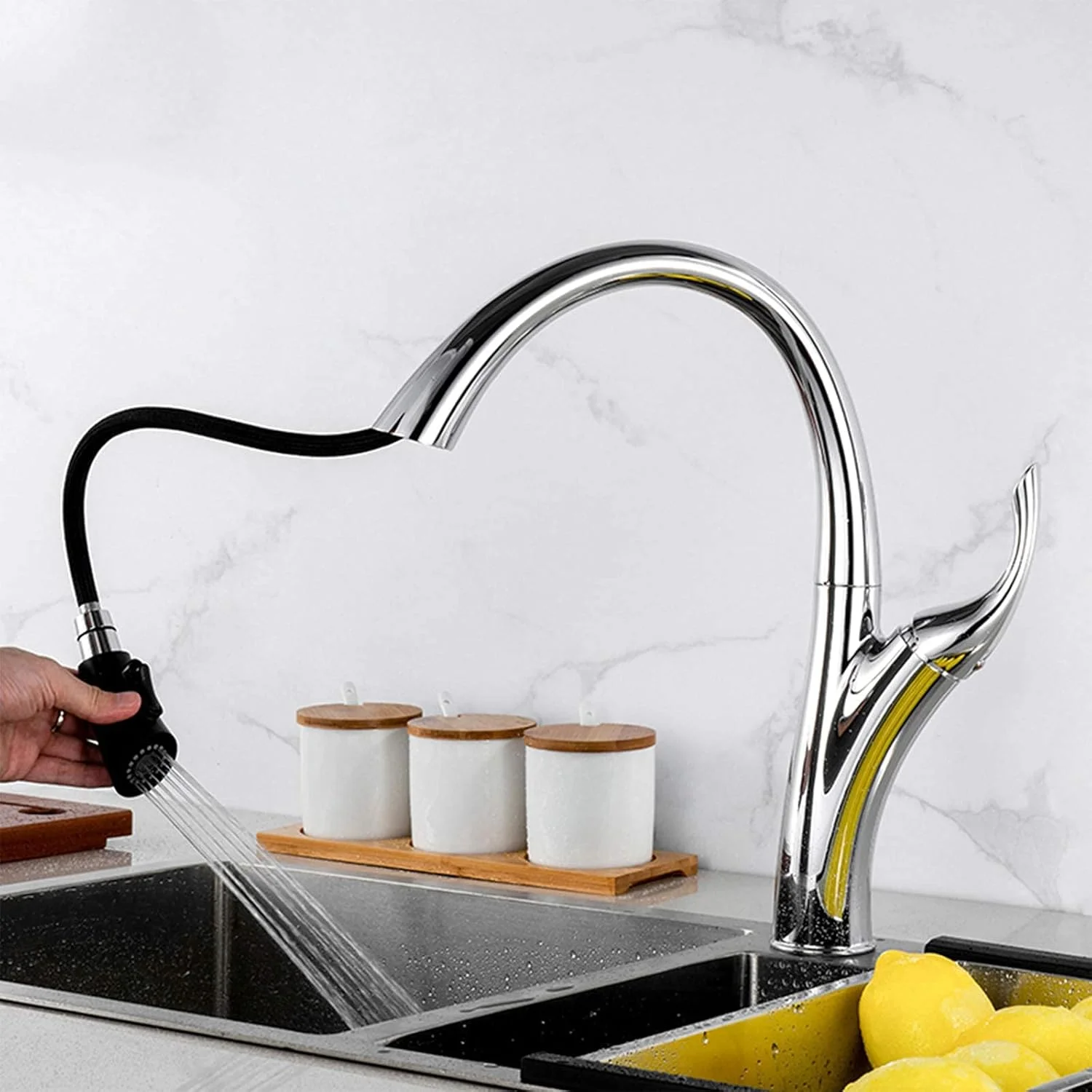 شیر آشپزخانه لمسی، شیر آشپزخانه برنجی با اسپری کشویی، شیر سینک آشپزخانه تک دسته، شیر سینک فعال لمسی، کروم