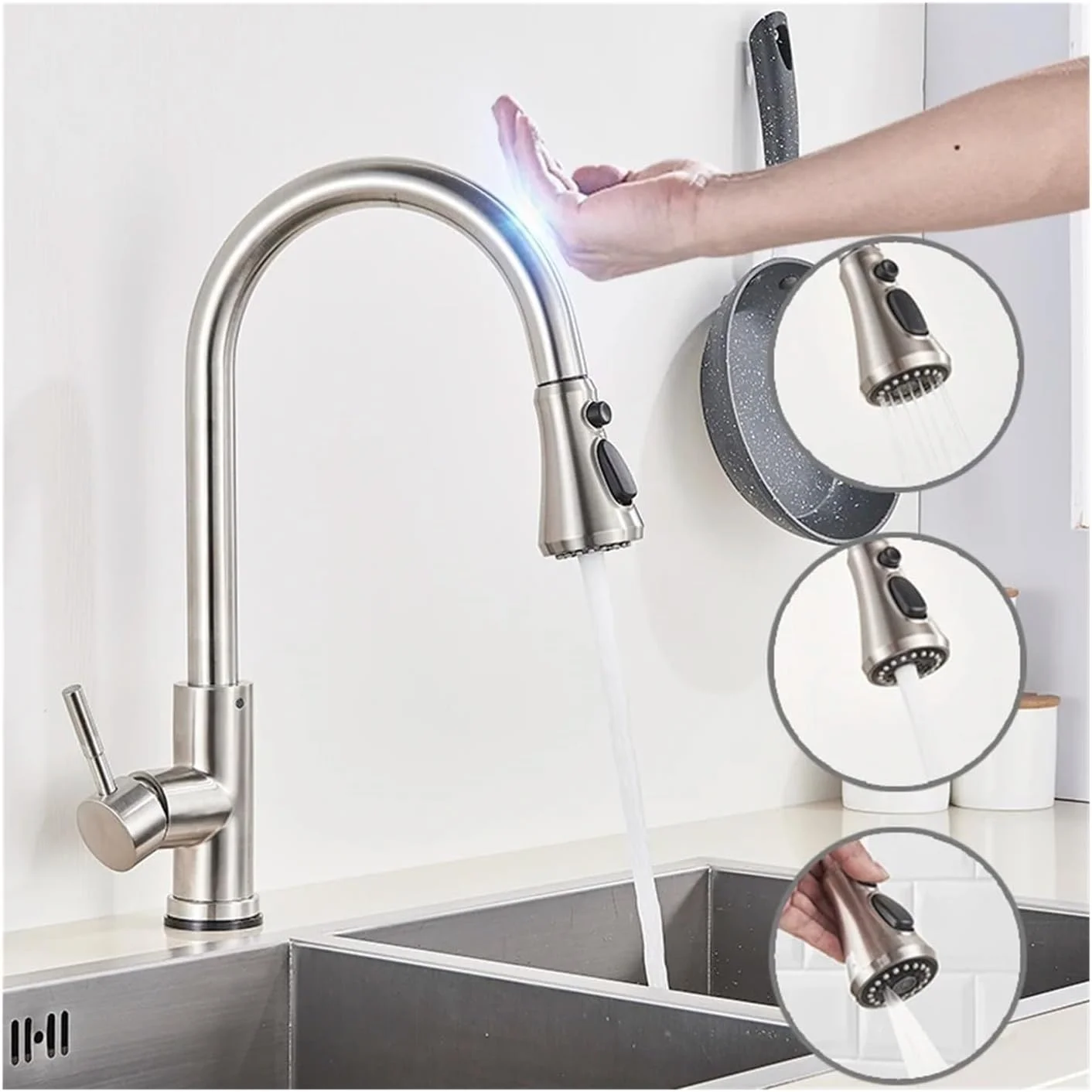 شیر آشپزخانه لمسی هوشمند مشکی QDDVGTGDS با قابلیت چرخش 360 درجه، شیر مخلوط تک دسته با دو حالت آب: شیر سینک سرد و گرم، مخلوط روشویی حمام