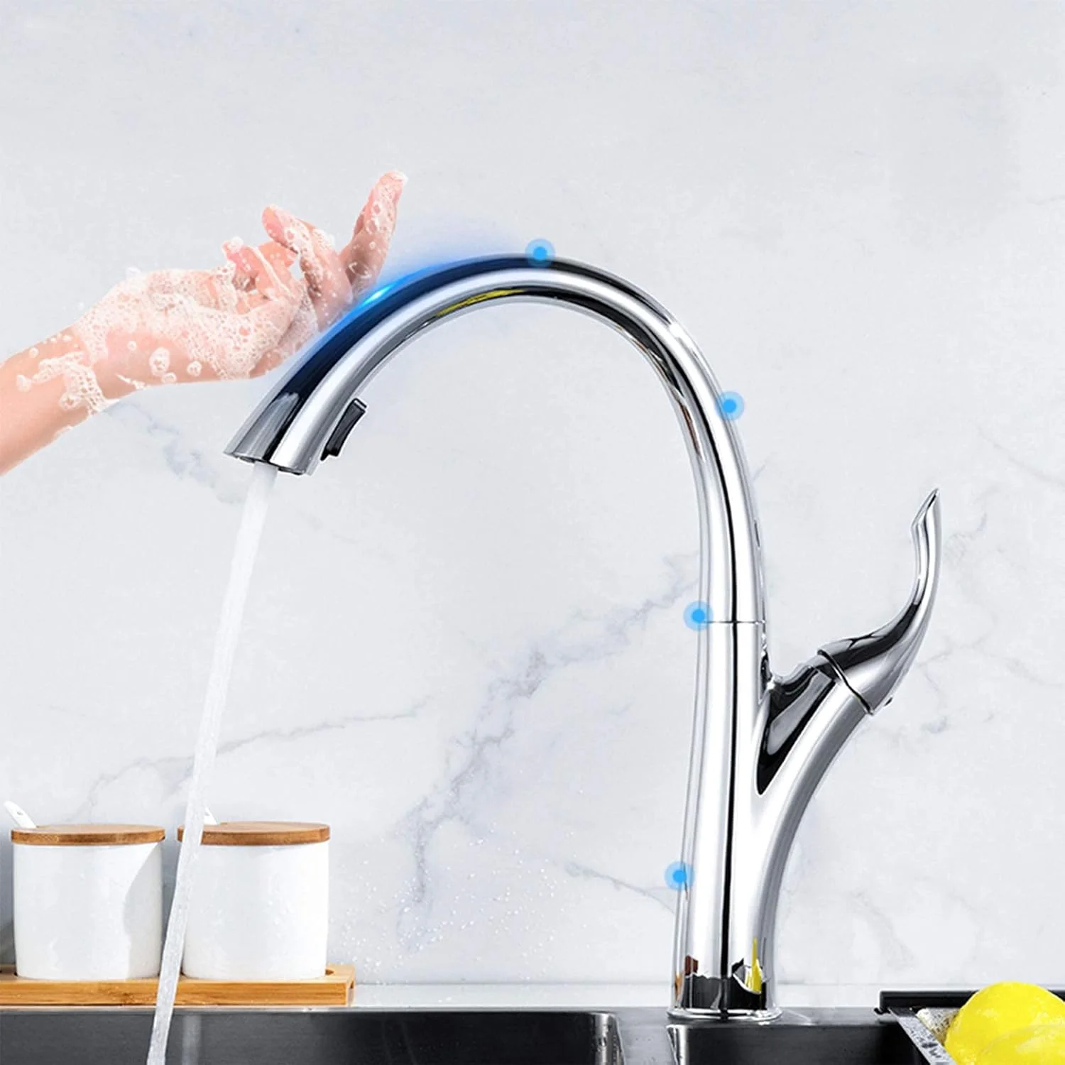 شیر آشپزخانه لمسی، شیر آشپزخانه برنجی با اسپری کشویی، شیر سینک آشپزخانه تک دستگیره، شیر سینک فعال لمسی، کروم