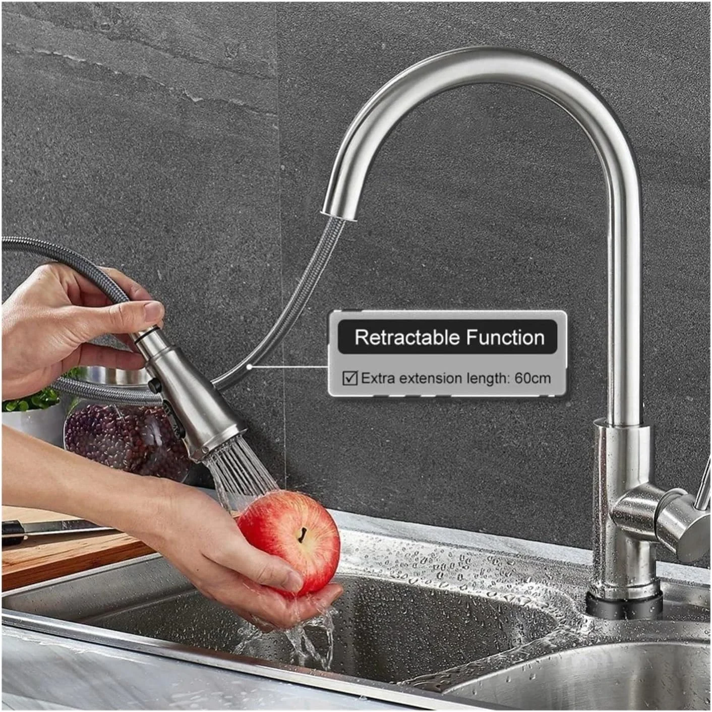 شیر آشپزخانه هوشمند لمسی مشکی با قابلیت چرخش 360 درجه و خروجی آب به صورت کشویی، شیر مخلوط تک دسته با دو حالت آب: شیر سینک سرد و گرم، مناسب روشویی حمام