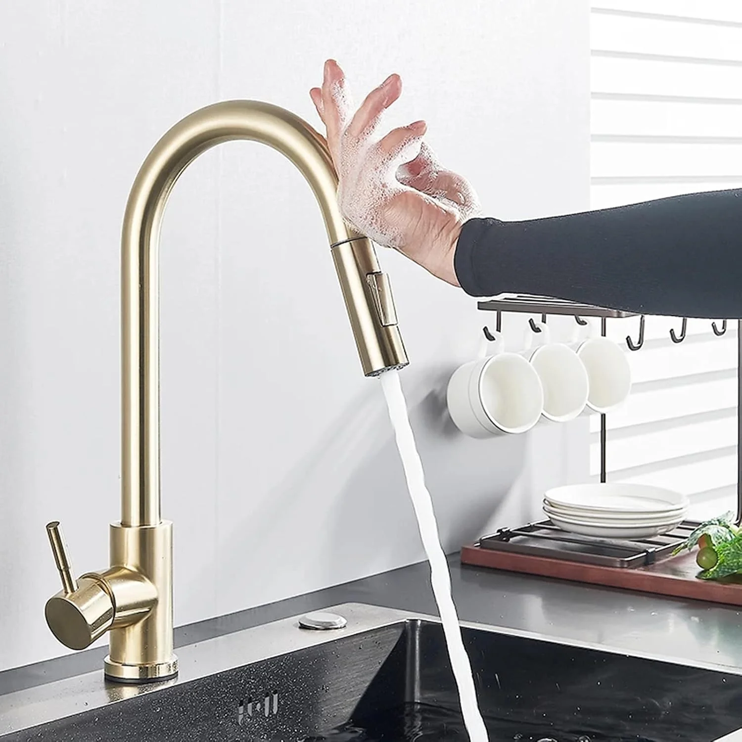 شیر آشپزخانه لمسی با اسپری بیرون کشیدنی، شیر سینک آشپزخانه با دو حالت خروجی آب، استیل ضد زنگ 304