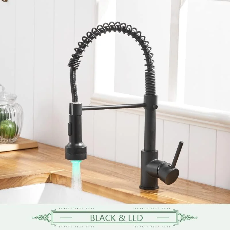 شیر آشپزخانه برای بار، خانه های روستایی تجاری، شیر آشپزخانه ال ای دی با 2 عملکرد خروجی آب، شیر آشپزخانه مشکی و نیکل برس خورده، شیر مخلوط کن آشپزخانه بیرون کشیدنی (9009b ال ای دی)