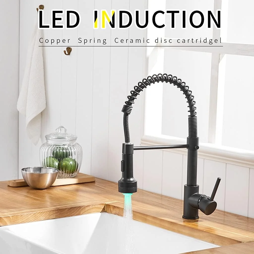 شیر آشپزخانه برای بار، خانه های روستایی تجاری، شیر آشپزخانه ال ای دی با 2 عملکرد خروجی آب، شیر آشپزخانه مشکی و نیکل برس خورده، شیر مخلوط کن آشپزخانه بیرون کشیدنی (9009b ال ای دی)