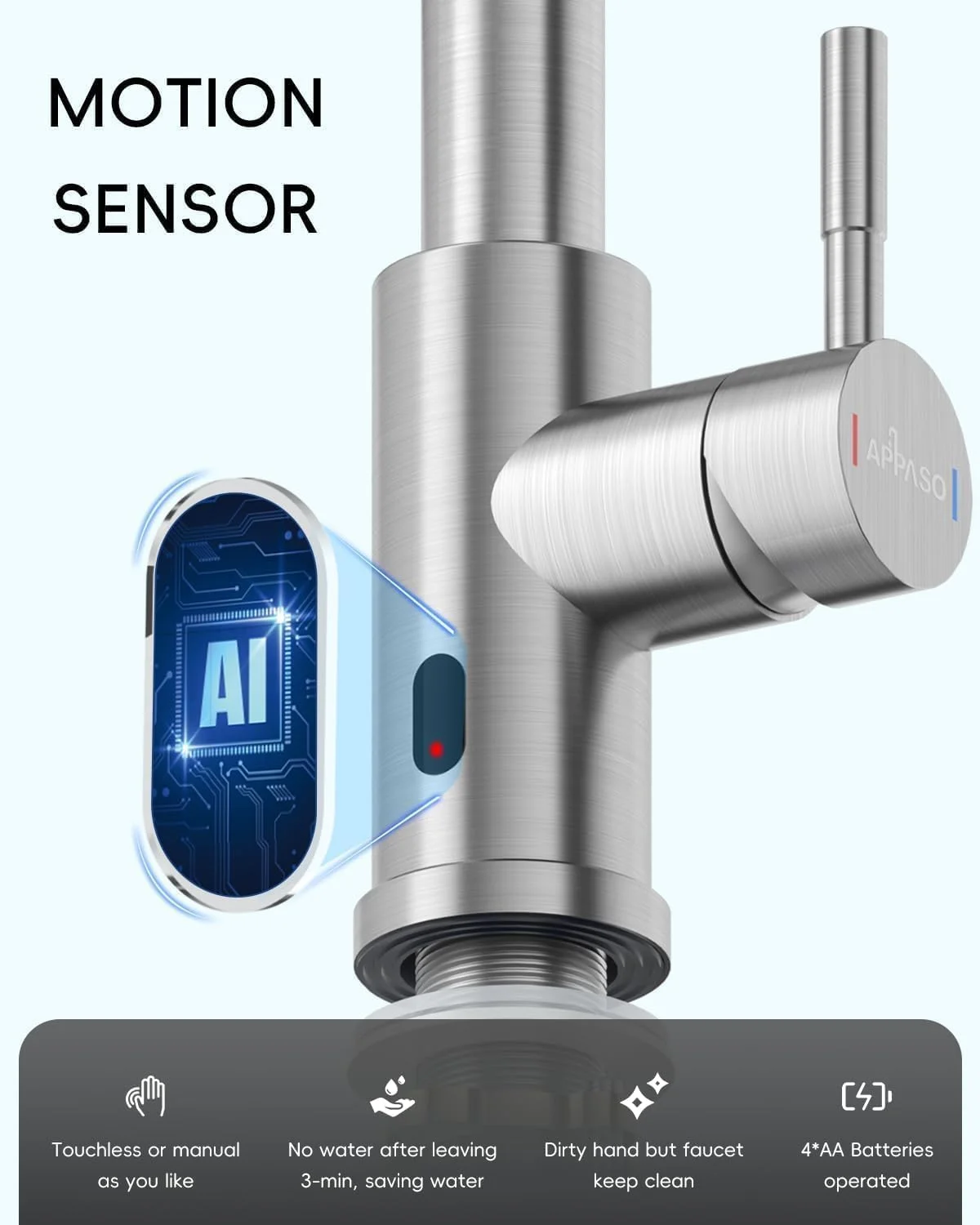 شیر آشپزخانه بدون لمس APPASO با اسپری کشویی، شیر سینک آشپزخانه بدون لمس نیکل برس خورده، شیرهای سنسور حرکتی تک دسته مناسب برای سینک 1 یا 3 سوراخه، فولاد ضد زنگ