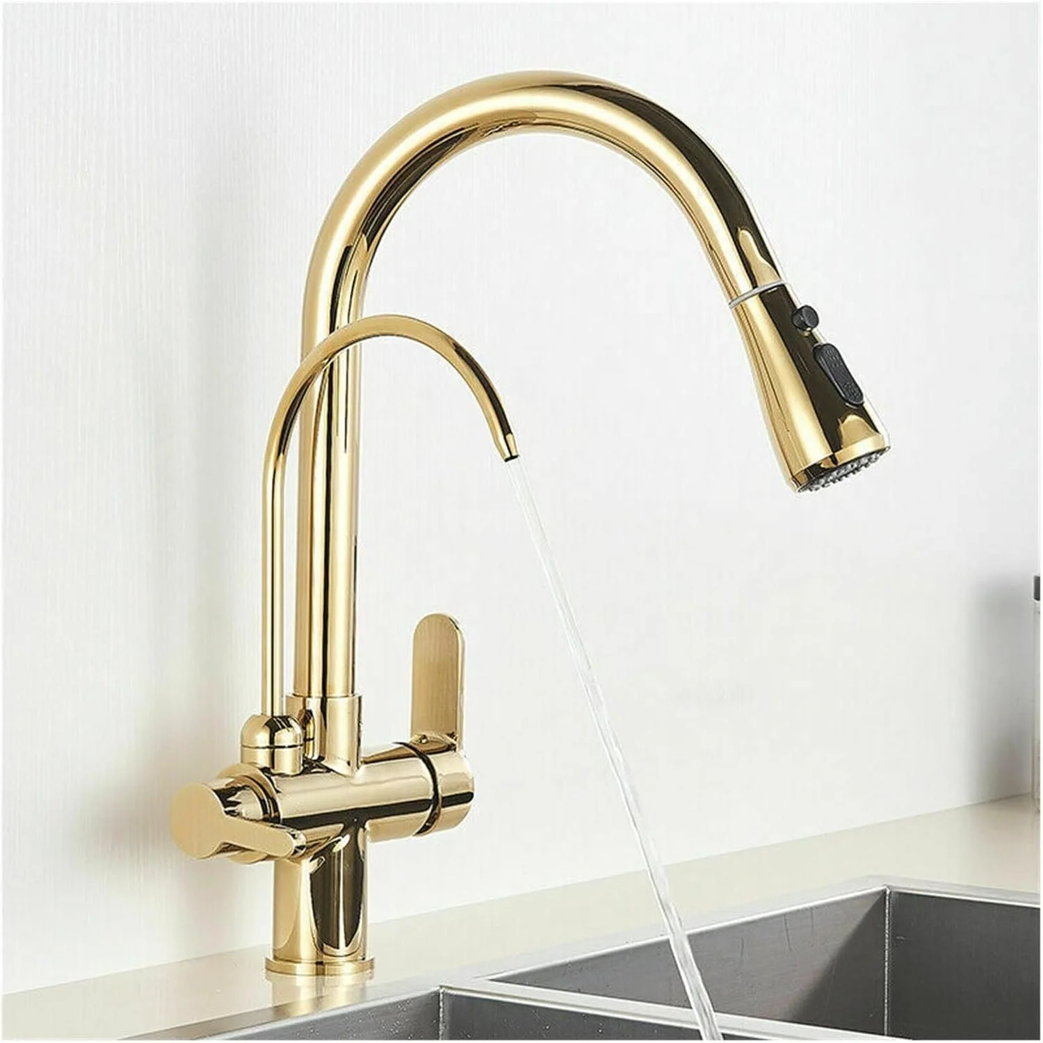 شیر آشپزخانه طلایی، شیر آب تصفیه شده با قابلیت پایین کشیدن، چرخش 360 درجه، دو دسته، تک سوراخ، شیر آب هوشمند آب سرد و گرم (کروم مشکی سنسوردار)
