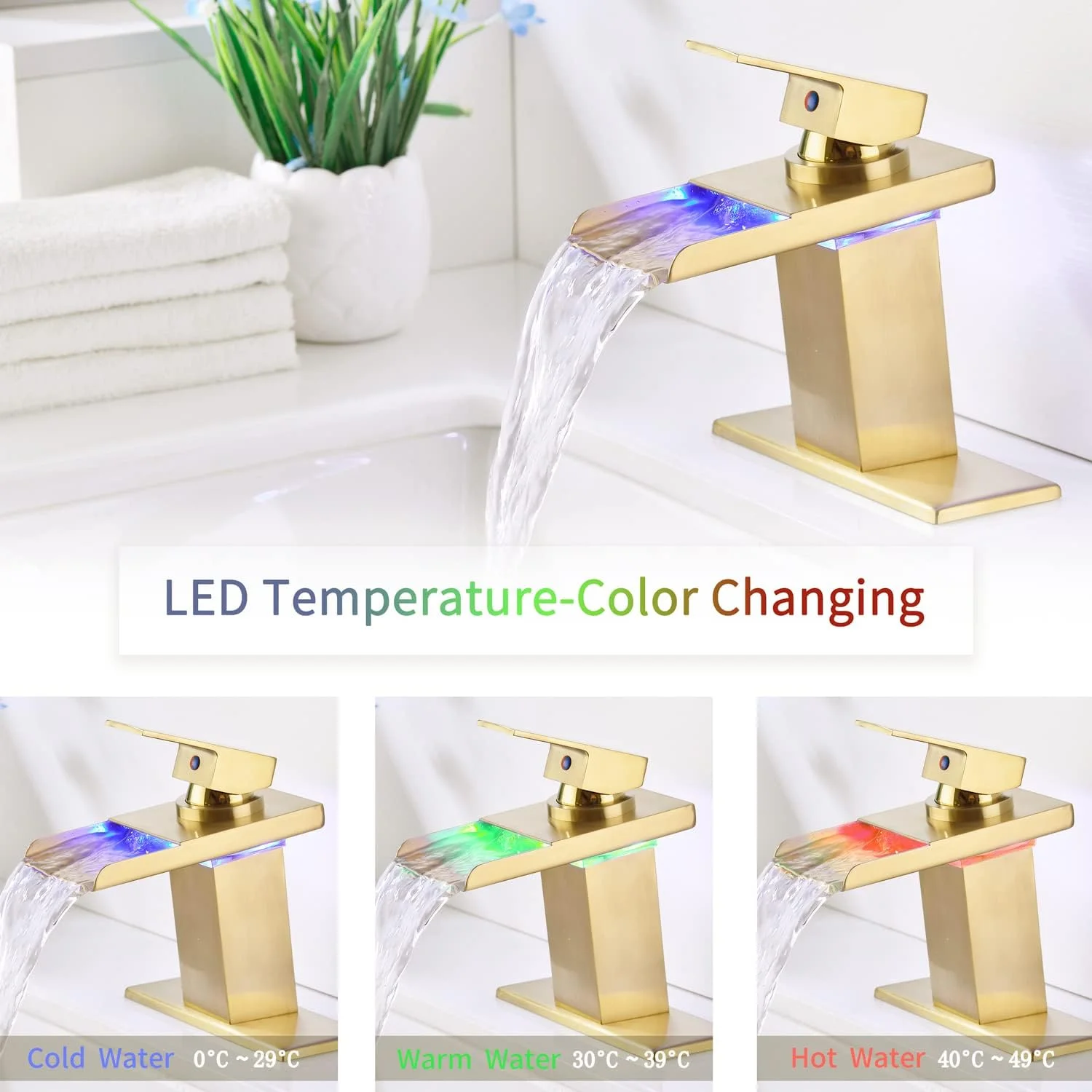 شیر آب ال ای دی حمام، شیر آب سینک حمام آبشاری با سنسور تغییر دما و نور 3 رنگ، شیرآلات حمام طلایی برس خورده