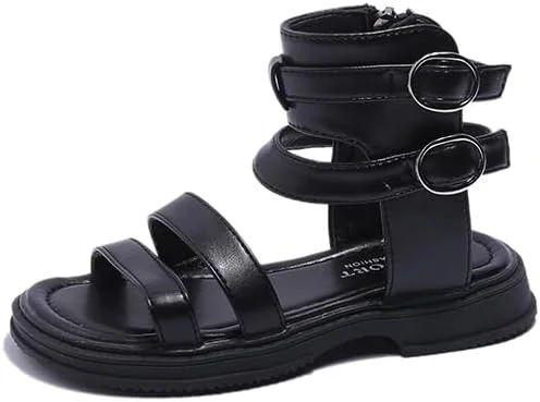 صندل های سبک وزن بچگانه صندل های دخترانه چرمی نرم صندل های ساحلی ضد لغزش کفش های مد روز سگک دار زیپ 2023 (مشکی، 32)