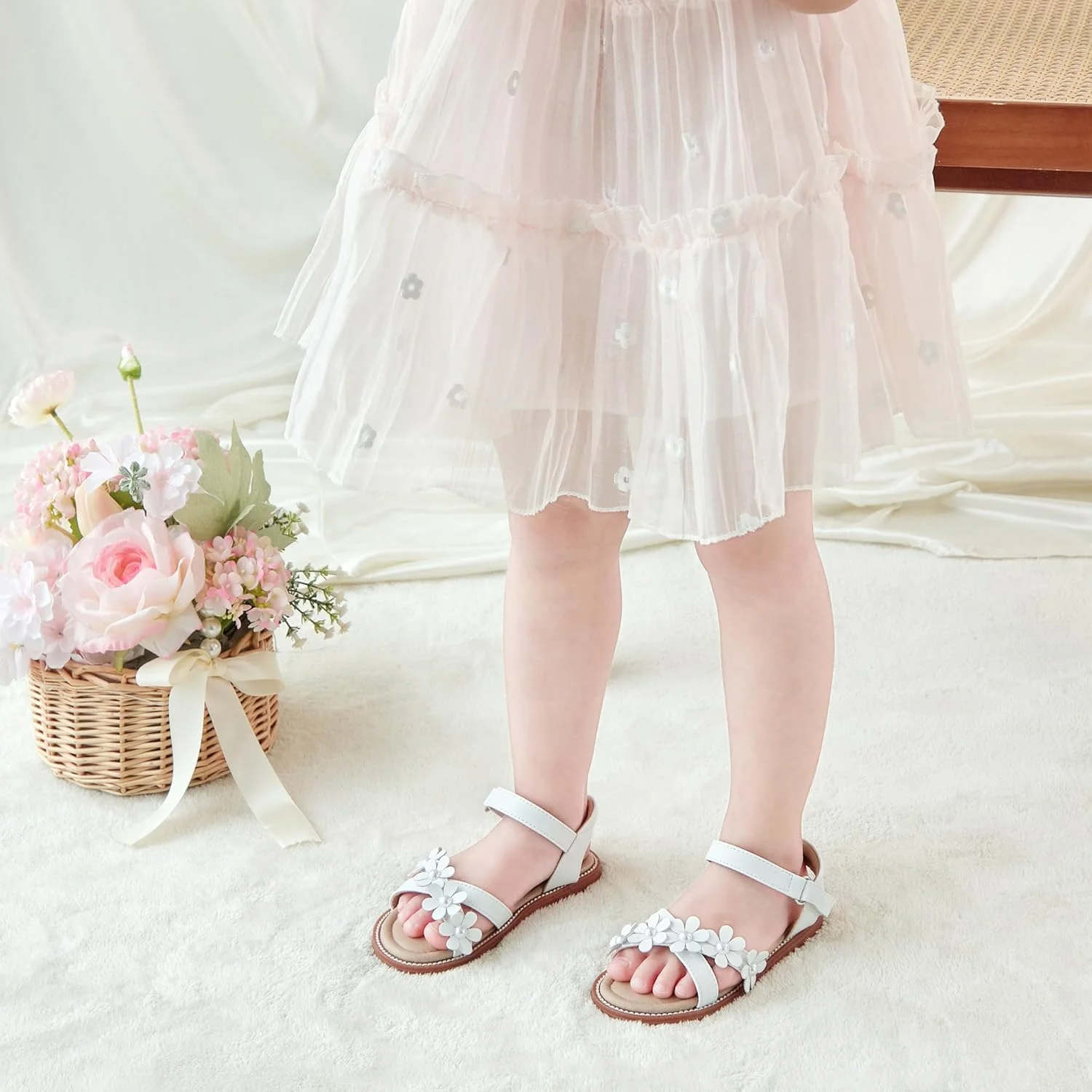 صندل های تخت پرنسسی دخترانه کولان با انگشت باز، مناسب تابستان و استفاده روزمره، صندل های گلدار دخترانه