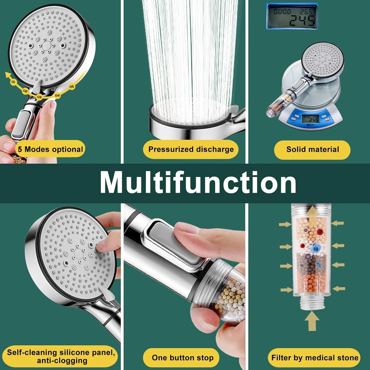 سردوش حمام KASTWAVE برای آب سخت، دارای فیلتر یونی صرفه جویی کننده، فشار قوی، پنل بزرگ، سردوشی دستی با 5 حالت اسپری و دکمه روشن/خاموش برای دوش های غیراکتریکی (نقره ای) سردوش حمام KASTWAVE برای آب سخت، دارای فیلتر یونی صرفه جویی کننده، فشار قوی، پنل بزرگ، سردوشی دستی با 5 حالت اسپری و دکمه روشن/خاموش برای دوش های غیراکتریکی (نقره ای)