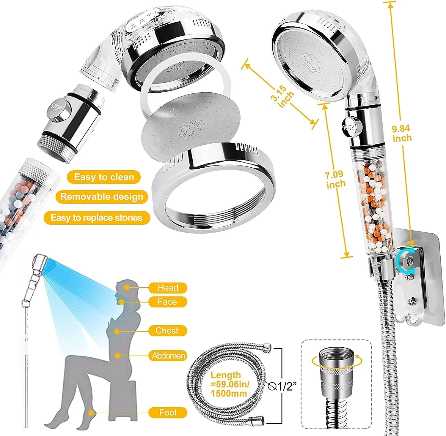 سردوش یونی KASTWAVE، سردوش دستی با فشار قوی، فیلتر آب سخت با کلید روشن/خاموش، 3 حالت نرم کننده آب، صرفه جویی در آب، سردوش قابل تنظیم با مهره های فیلتر سردوش یونی KASTWAVE، سردوش دستی با فشار قوی، فیلتر آب سخت با کلید روشن/خاموش، 3 حالت نرم کننده آب، صرفه جویی در آب، سردوش قابل تنظیم با مهره های فیلتر