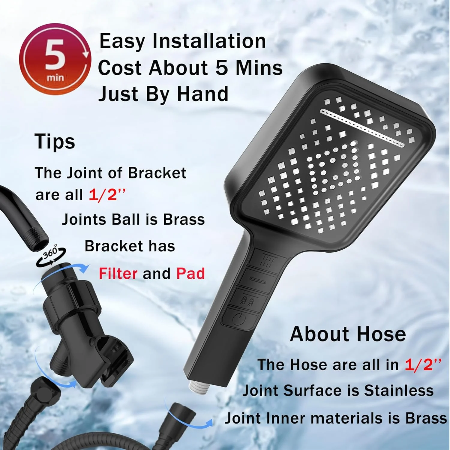 سردوش دستی KASTWAVE، سردوش فشار قوی با 7 حالت، سردوش پنل مربعی بزرگ با دکمه تقویت کننده، به همراه شلنگ و پایه قابل تنظیم (مشکی) سردوش دستی KASTWAVE، سردوش فشار قوی با 7 حالت، سردوش پنل مربعی بزرگ با دکمه تقویت کننده، به همراه شلنگ و پایه قابل تنظیم (مشکی)