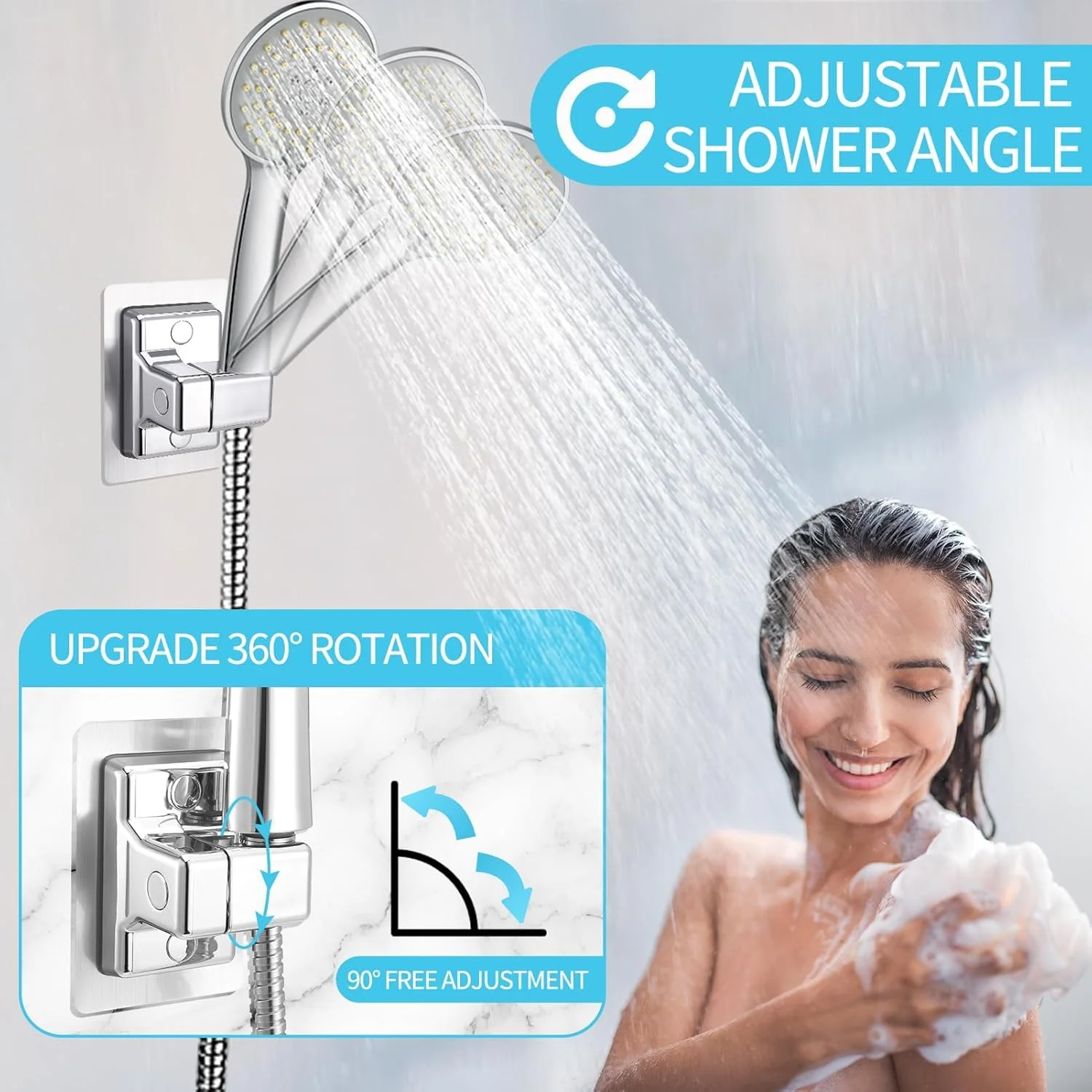 نگهدارنده سردوش حمام، پایه سردوش قابل تنظیم، نصب چسبی بدون نیاز به سوراخکاری، چرخش 360 درجه، نگهدارنده سردوش ABS، مناسب برای حمام، هتل، خانه، بسته 2 عددی