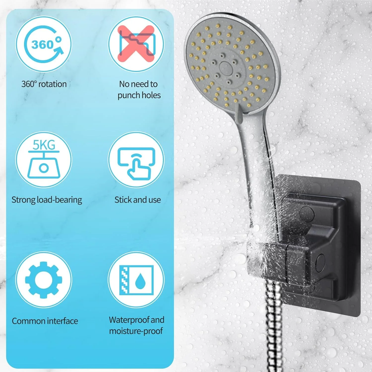 نگهدارنده سردوش حمام، پایه سردوش قابل تنظیم، نصب چسبی بدون نیاز به سوراخکاری، چرخش 360 درجه، نگهدارنده سردوش ABS، مناسب برای حمام، هتل، خانه، بسته 2 عددی