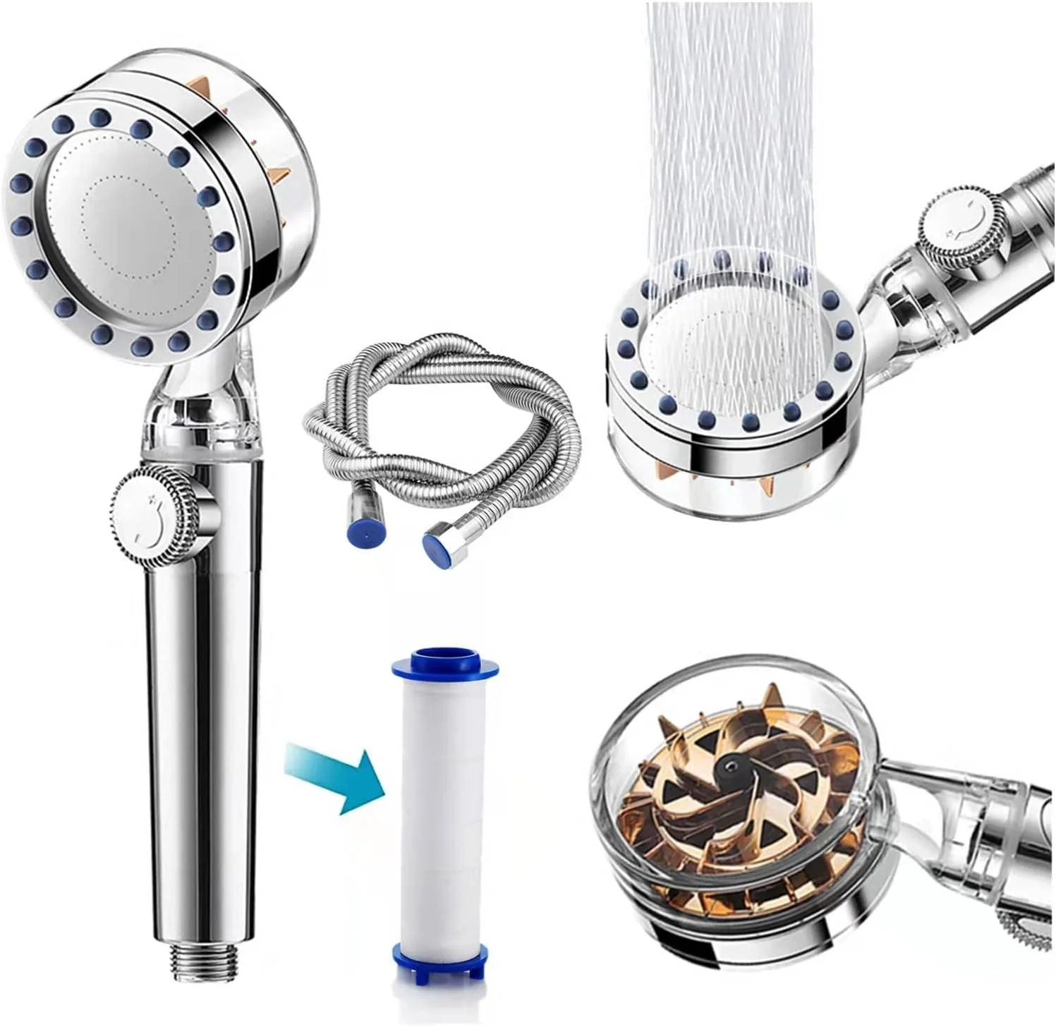 دوش دستی توربو با پروانه افزایش فشار آب، سر دوش ماساژ توربو اسپا، نصب آسان و دارای سوییچ قابل تنظیم (نقره ای) دوش دستی توربو با پروانه افزایش فشار آب، سر دوش ماساژ توربو اسپا، نصب آسان و دارای سوییچ قابل تنظیم (نقره ای)