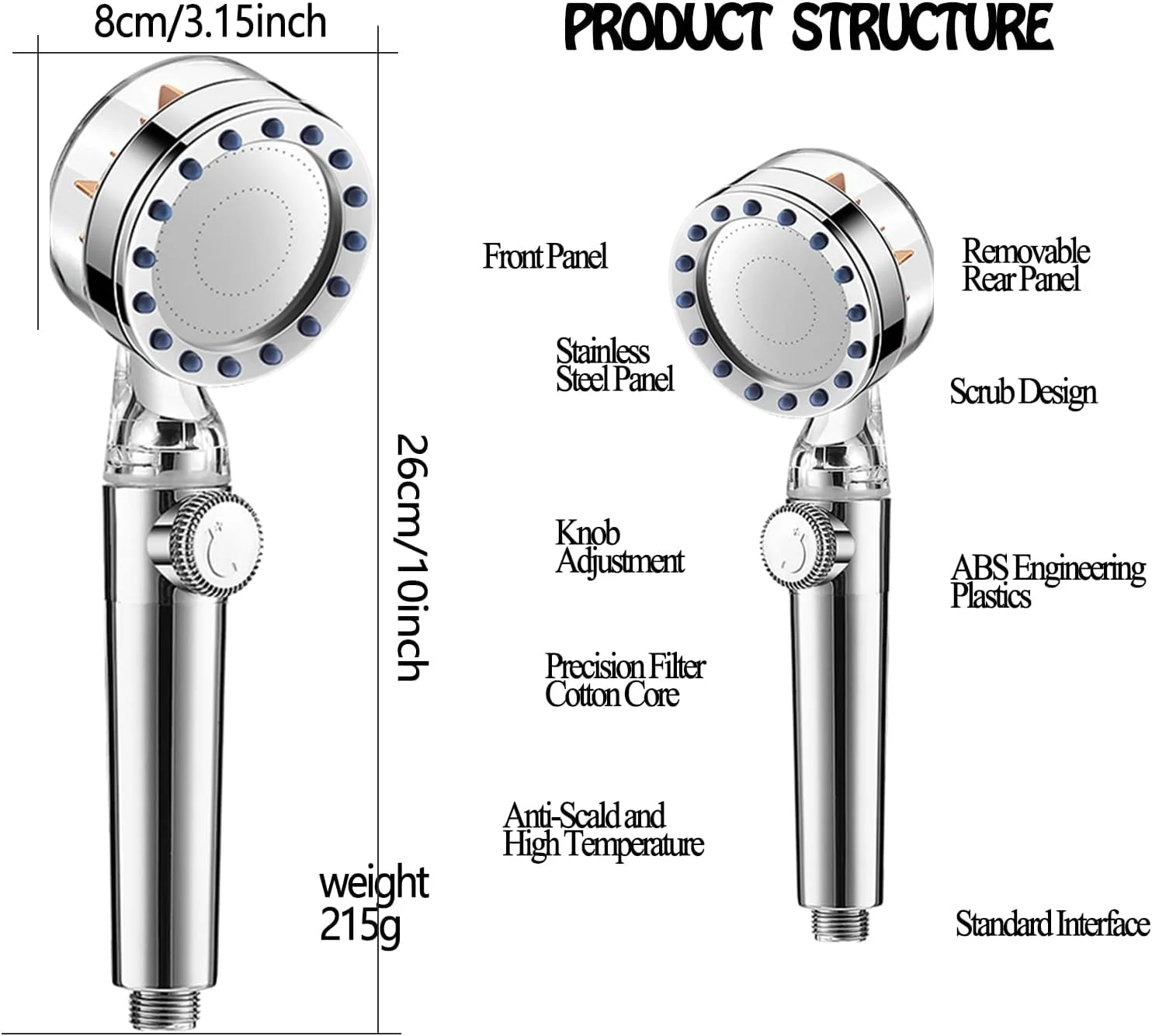 دوش دستی توربو با پروانه افزایش فشار آب، سر دوش ماساژ توربو اسپا، نصب آسان و دارای سوییچ قابل تنظیم (نقره ای)