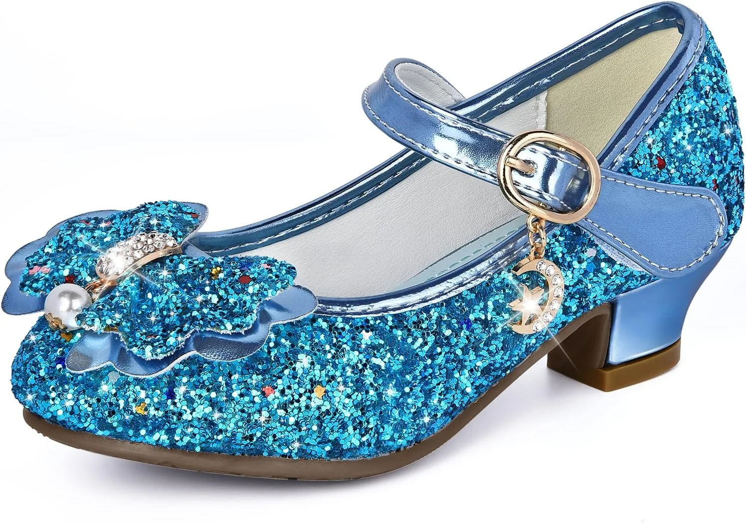 کفش های پرنسسی دخترانه، کفش های اکلیلی دخترانه، کفش های کریستالی دخترانه با بست Velcro، کفش های پولکی با بند برای کارناوال، عروسی، جشن بالماسکه (آبی-35)