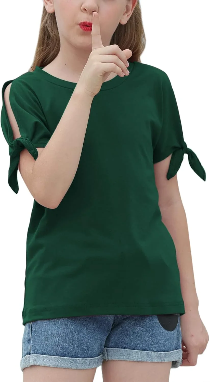 تونیک آستین چاک دار گره ای راه راه دخترانه GORLYA، بلوز آستین کوتاه برای کودکان 4 تا 14 سال