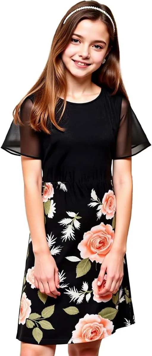 ست لباس دخترانه، تاپ آستین چین‌دار شبیه پنبه و دامن گل‌دار کشی، یک تکه لباس مهمانی برای تابستان، پارچه قابل تنفس و انعطاف‌پذیر، سنین 8 تا 12 سال، مناسب برای جشن‌ها و دورهمی‌ها