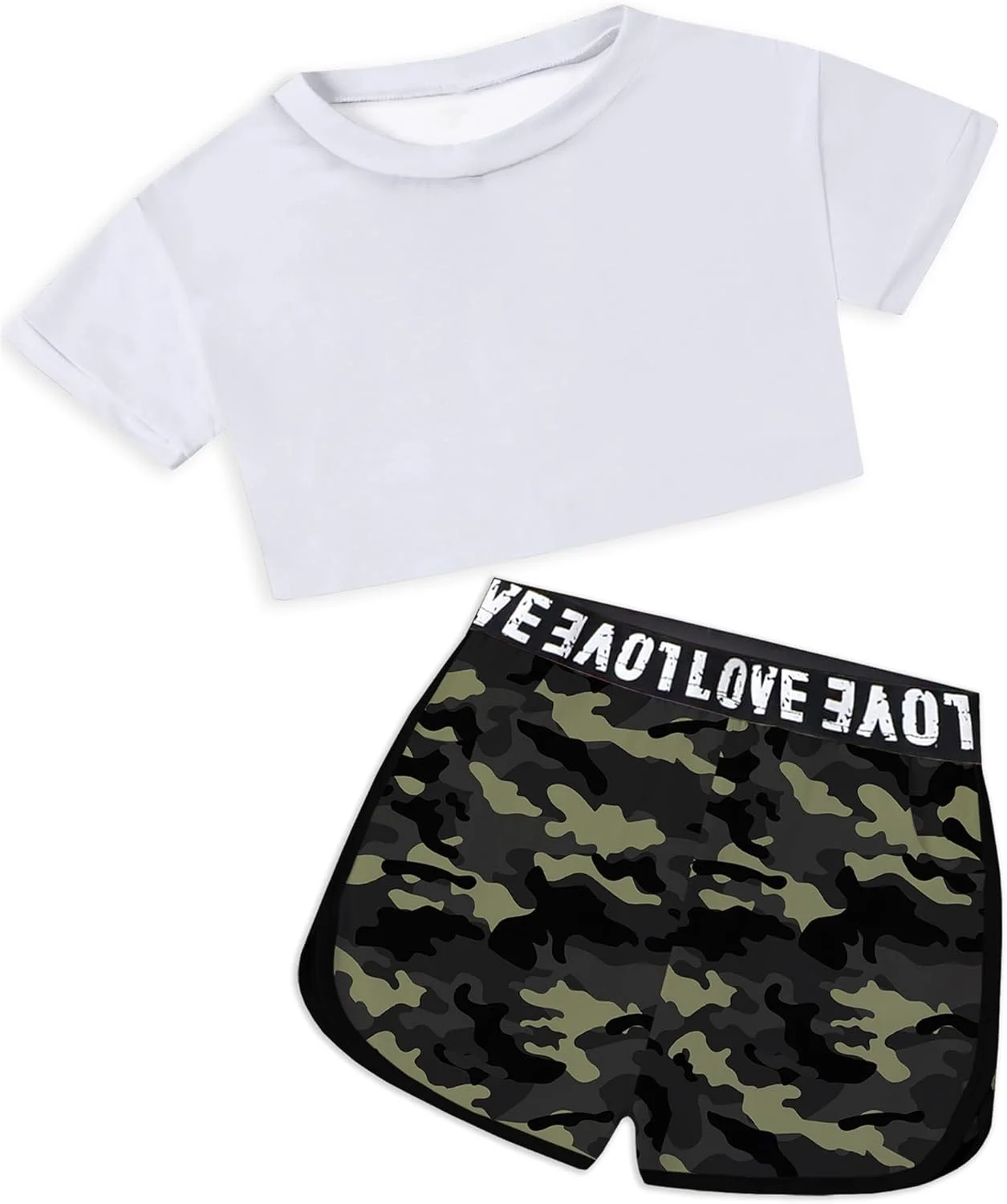 ست لباس تابستانی دخترانه شامل کراپ تاپ آستین کوتاه و شلوارک با جیب های کناری، مناسب 4 تا 14 سال ست لباس تابستانی دخترانه شامل کراپ تاپ آستین کوتاه و شلوارک با جیب های کناری، مناسب 4 تا 14 سال