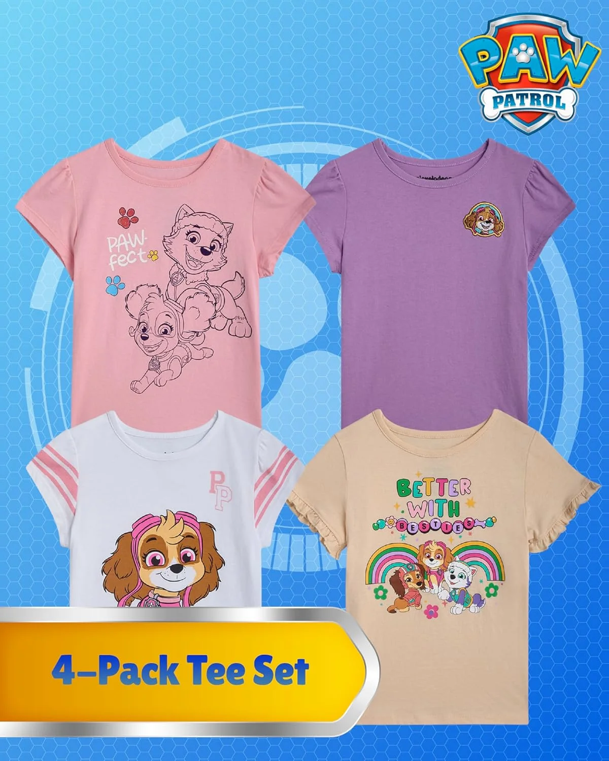 تی شرت های دخترانه نیکلودئون پاو پاترول اسکای اورست لیبرتی - بسته 4 عددی آستین کوتاه برای کودکان نوپا و دختران کوچک