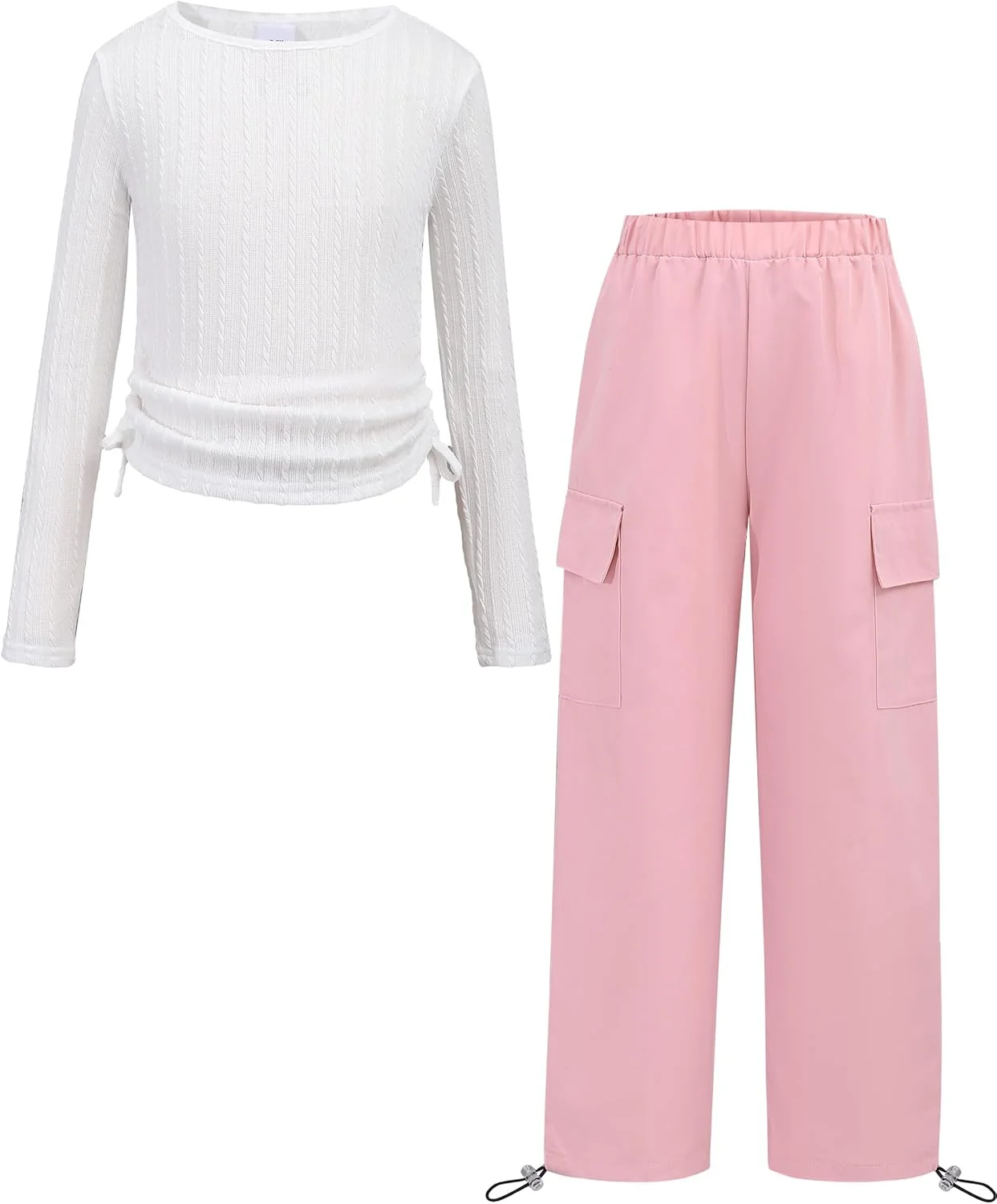 ست لباس دخترانه شامل تاپ بافتنی دنده ای آستین بلند با بند کشی و شلوار کارگو طرح ارتشی مناسب فصل پاییز و زمستان