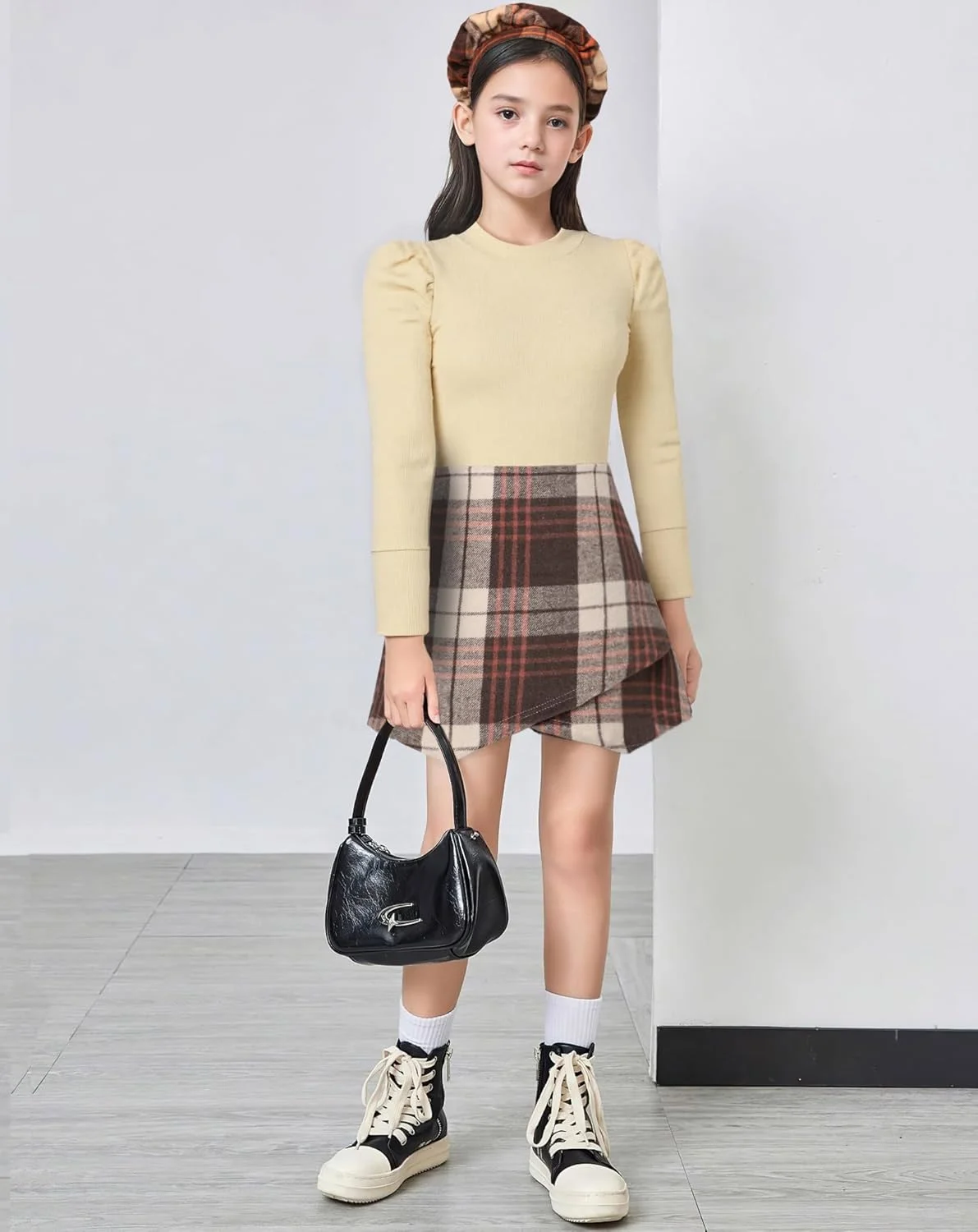 ست لباس دخترانه 3 تکه Hipea شامل پیراهن آستین بلند ساده، دامن با لبه نامنظم، شلوار و کلاه بره مناسب فصل زمستان