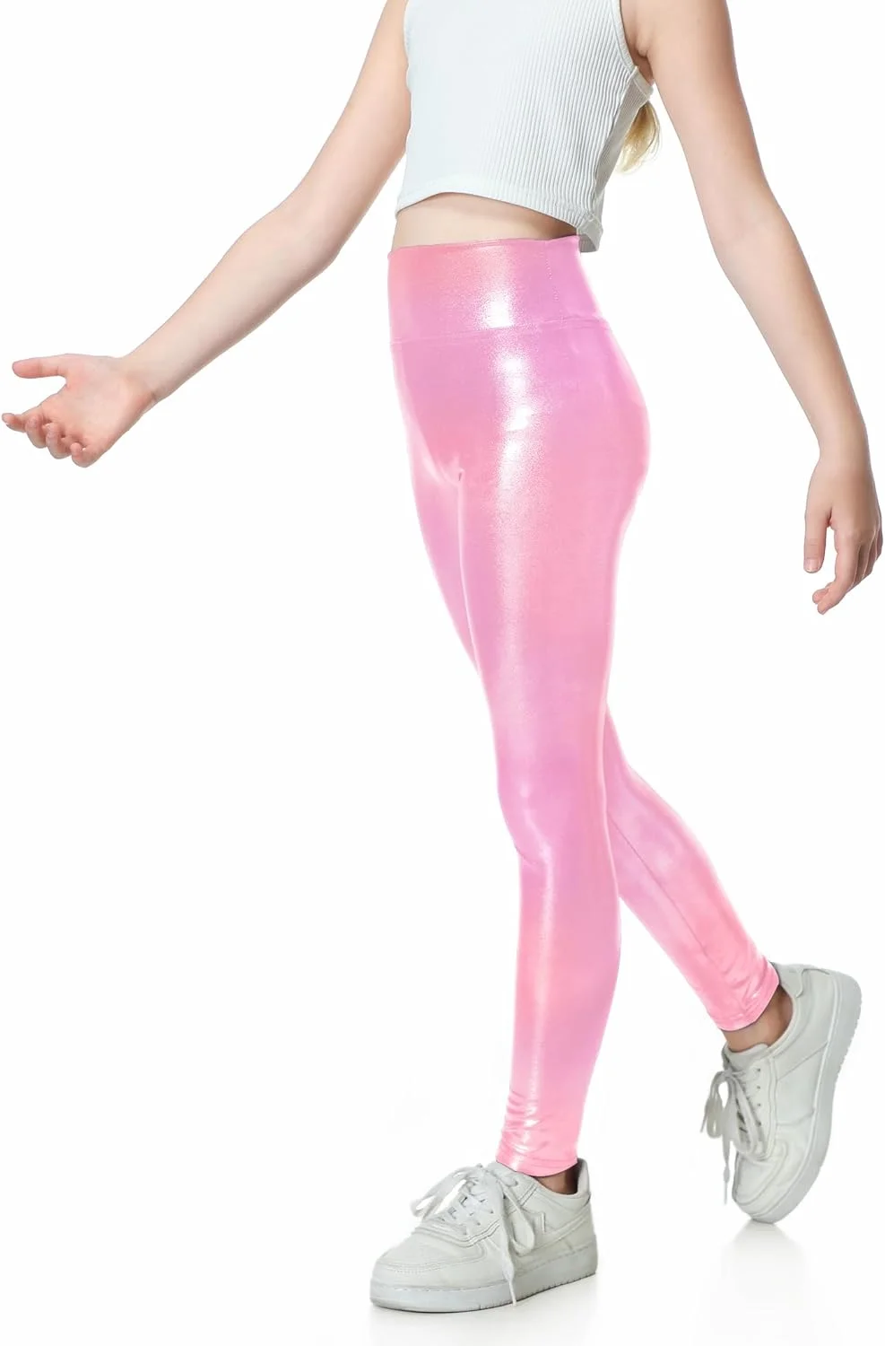 لگینگ اکتیو متالیک دخترانه Jinhiteam سایز 4 تا 14 سال، براق، کشی، قد مچ پا، مناسب کودکان، نوجوانان و جوانان