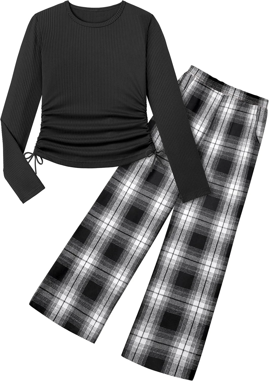 ست لباس دخترانه دو تکه شامل بلوز آستین بلند یقه گرد و شلوار چهارخانه با بند قابل تنظیم، مناسب برای دختران 7 تا 14 سال