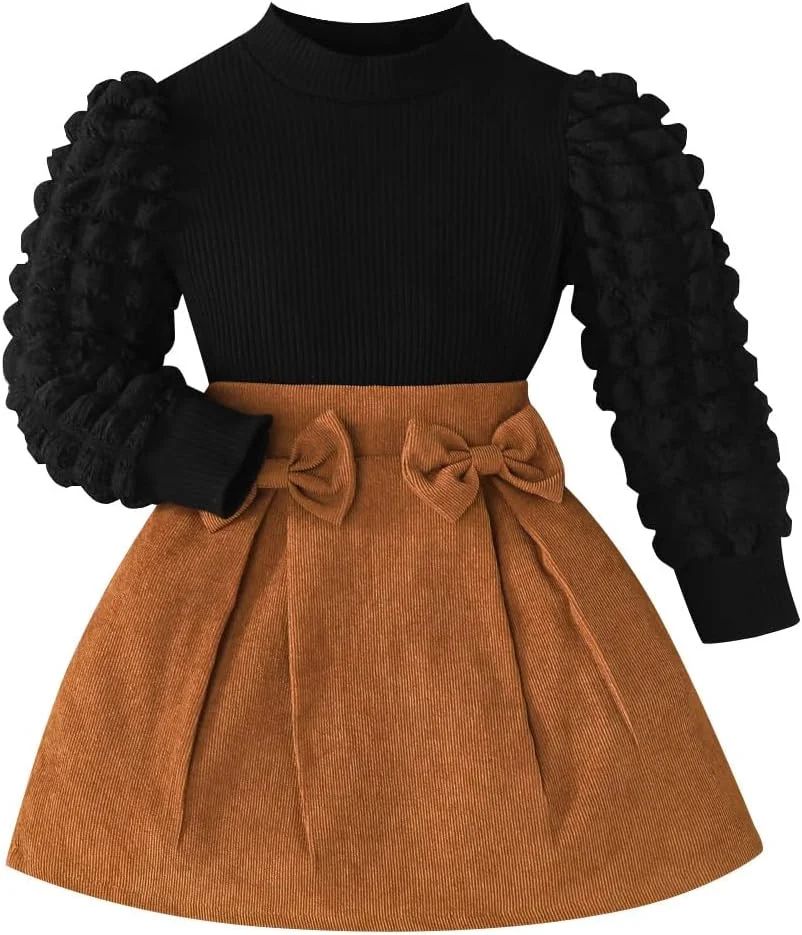 ست لباس دخترانه شامل بلوز با آستین پفی و دامن چهارخانه مناسب پاییز و زمستان