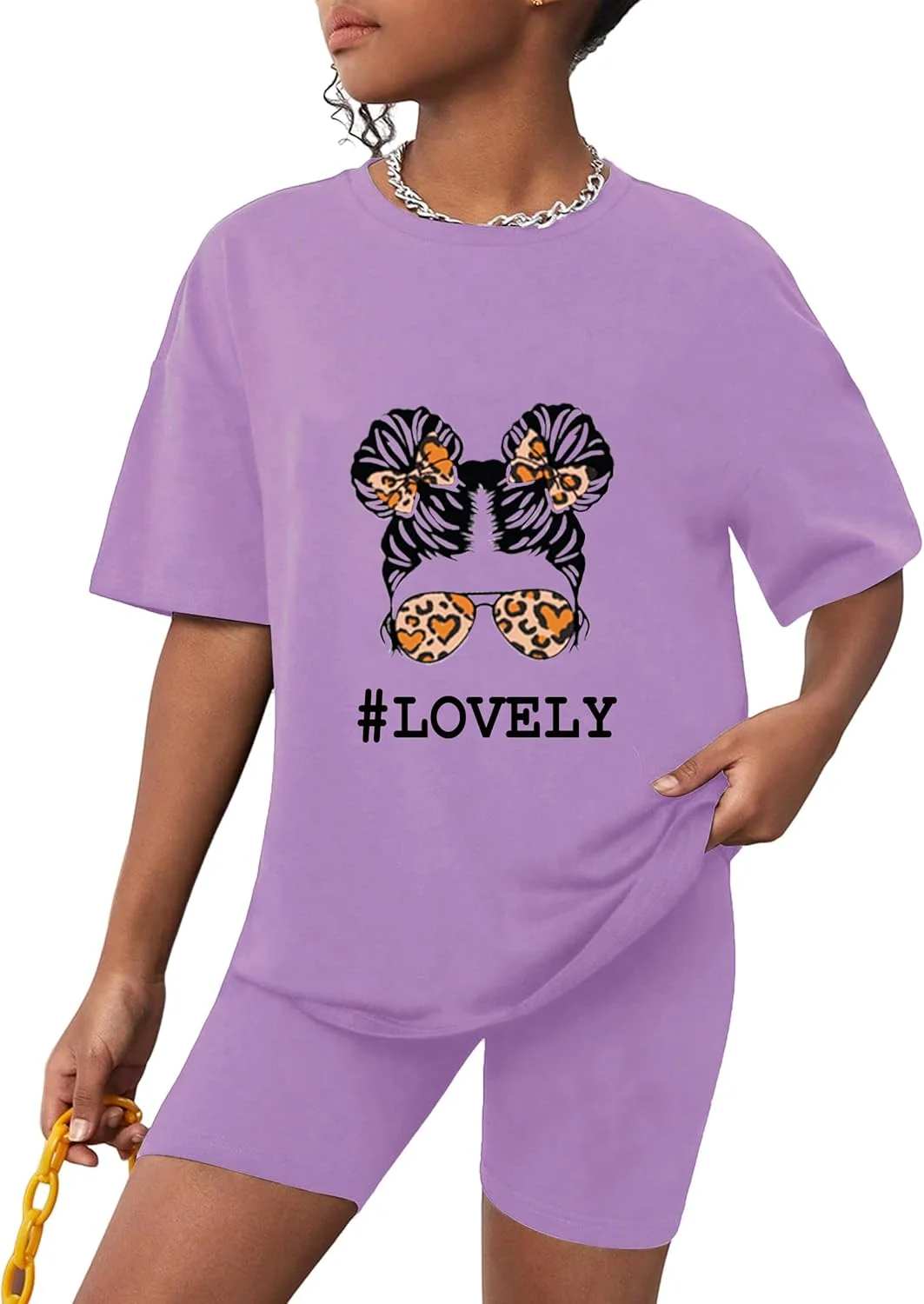 ست لباس دخترانه دو تکه EuquixZeph، تیشرت آستین کوتاه بزرگ و شلوارک ورزشی مناسب دویدن و دوچرخه سواری، سایز 5 تا 12 سال