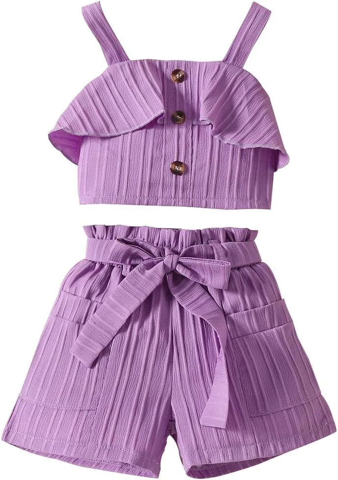لباس تابستانی دخترانه بچه گانه، تاپ هالتر بدون آستین با تزئینات چین دار و ست شورت 2 تکه لباس تابستانی دخترانه بچه گانه، تاپ هالتر بدون آستین با تزئینات چین دار و ست شورت 2 تکه