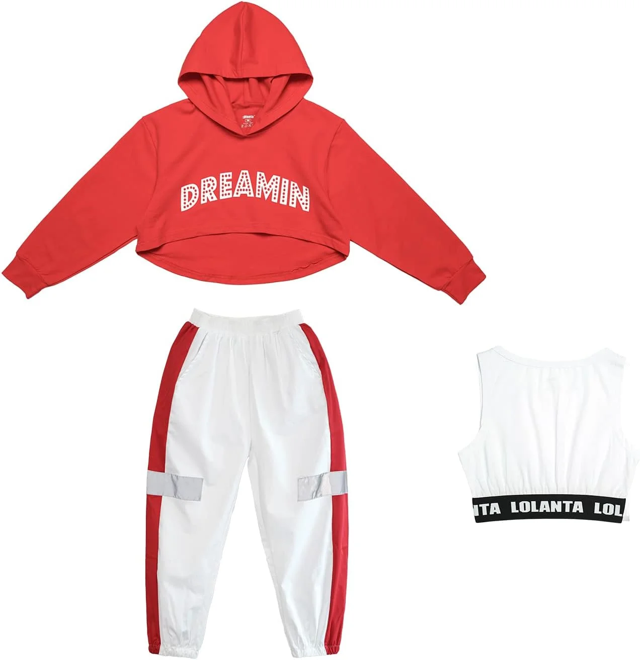 ست 3 تکه لباس رقص هیپ هاپ دخترانه، لباس خیابانی بچه گانه، هودی کوتاه، تاپ رکابی، شلوار بازتابنده