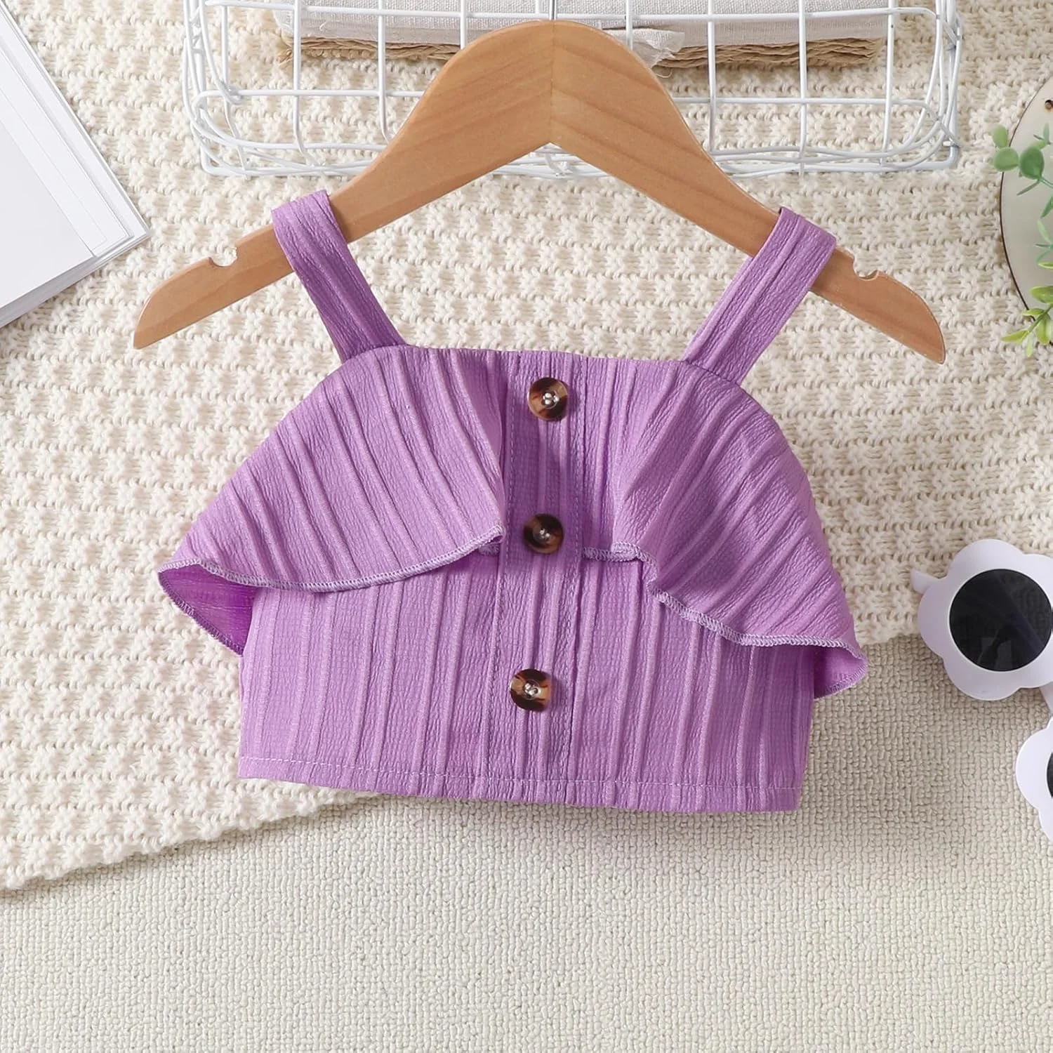 لباس تابستانی دخترانه بچه گانه، تاپ هالتر بدون آستین با تزئینات چین دار و ست شورت 2 تکه