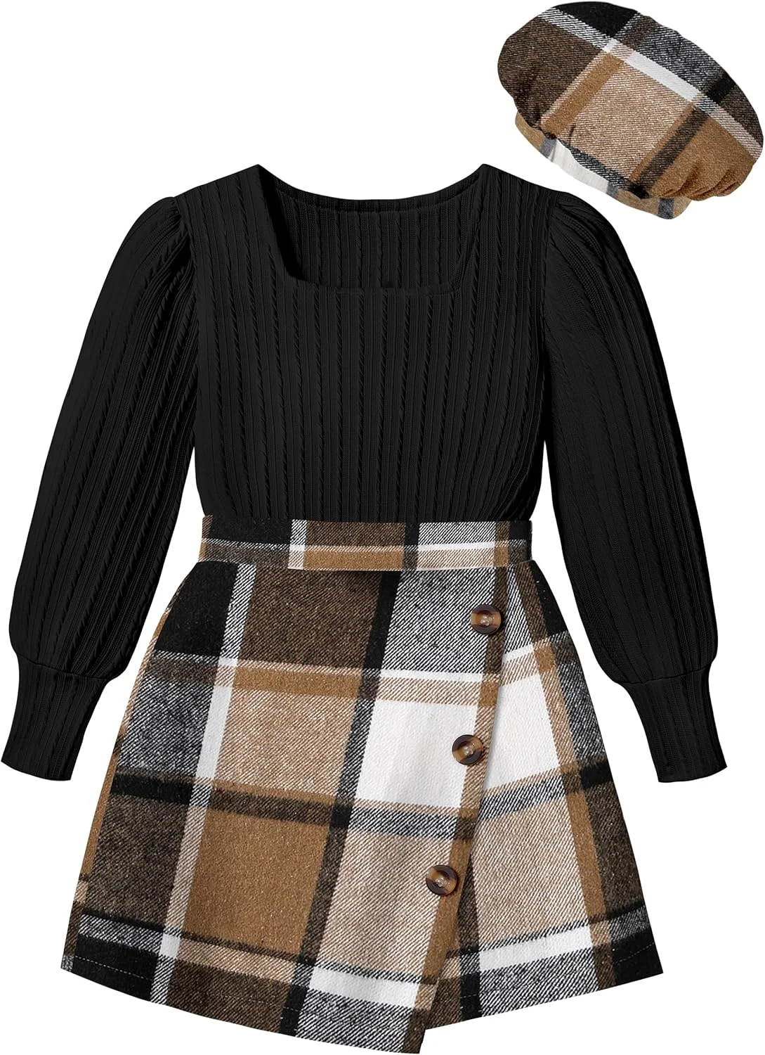 ست دامن دخترانه AGAPENG، ست 3 تکه، تاپ آستین پفی یقه مربعی ژاکارد، دامن کوتاه چهارخانه، لباس های پاییزی و زمستانی